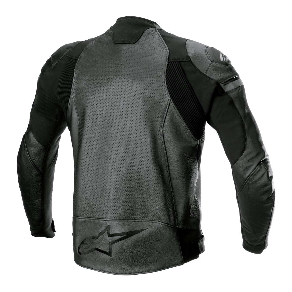 Alpinestars GP Force Airflow Leren Jas, zwart, achteraanzicht met geperforeerde buffelleren panelen, accordeon stretch-inzetstukken en groot reliëf sterlogo op de onderrug, sportieve motorrace-uitrusting