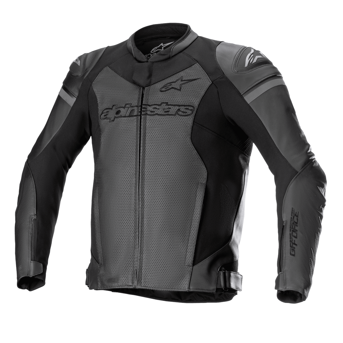 Alpinestars GP Force Airflow leren motorjas, motorracejas, zwart en donkergrijs, geperforeerde panelen voor ventilatie, externe DFS Lite schoudersliders, opvallende branding op de borst en mouwen, hoogwaardige leren constructie met verstelbare taillebanden