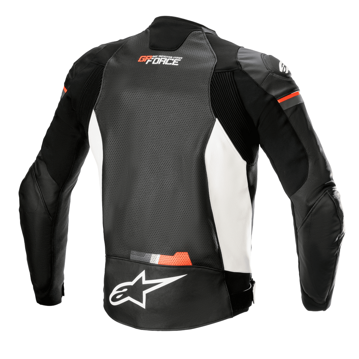 Alpinestars GP Force Airflow Leren Jas, achteraanzicht, zwart, wit en fluorood, geperforeerd lederen rugpaneel voor ventilatie, accordeon stretch-inzetstukken op de schouders en zijkanten, wit Alpinestars-logo op de onderrug, GP Force-branding op de bovenrug, sportieve motorkleding