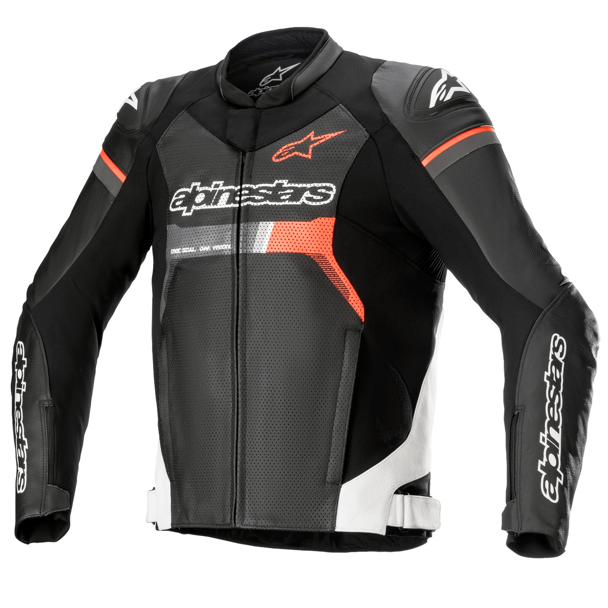 Alpinestars GP Force Airflow leren motorjas, zwart met witte en rode fluo accenten, geperforeerde leren motorracejas met DFS Lite schouderprotectoren, Alpinestars branding op de borst en mouwen, geventileerd sportief ontwerp
