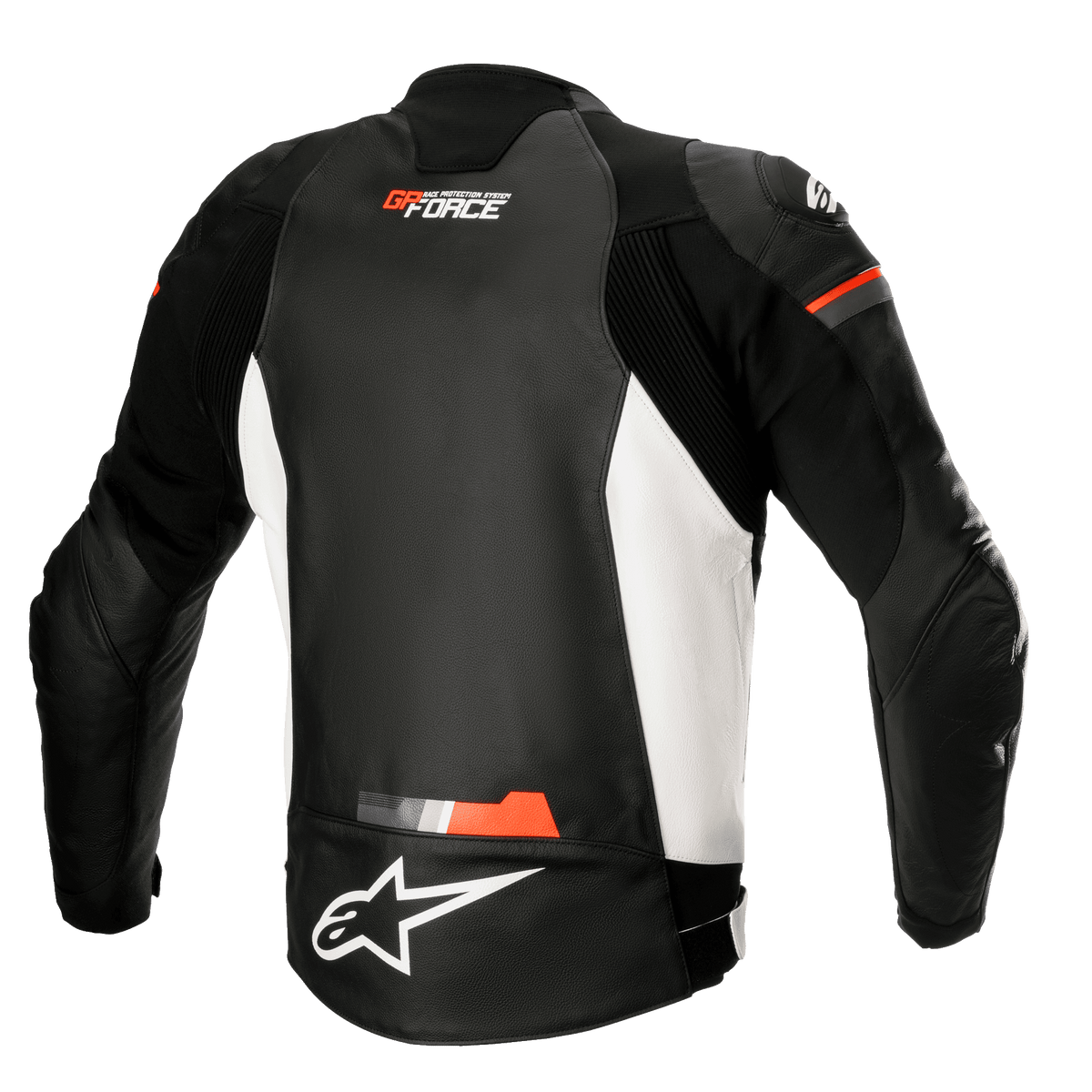 Alpinestars GP Force leren jas, leren motorjas, zwart wit en rood fluo, achteraanzicht met witte zijpanelen en fluorescerende rode accenten, GP Force en Alpinestars logo's, sportief leren ontwerp met accordeon stretchpanelen
