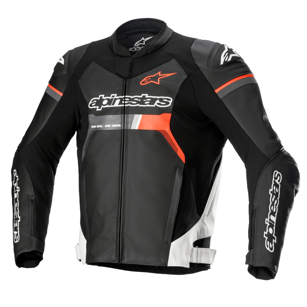 Alpinestars GP Force leren motorjas, racing motorjas, zwart met witte en rood fluo accenten, voorzien van opvallende Alpinestars-branding op de borst en mouwen, hoogwaardige runderleren constructie met DFS Lite schouderprotectoren, strak aerodynamisch silhouet