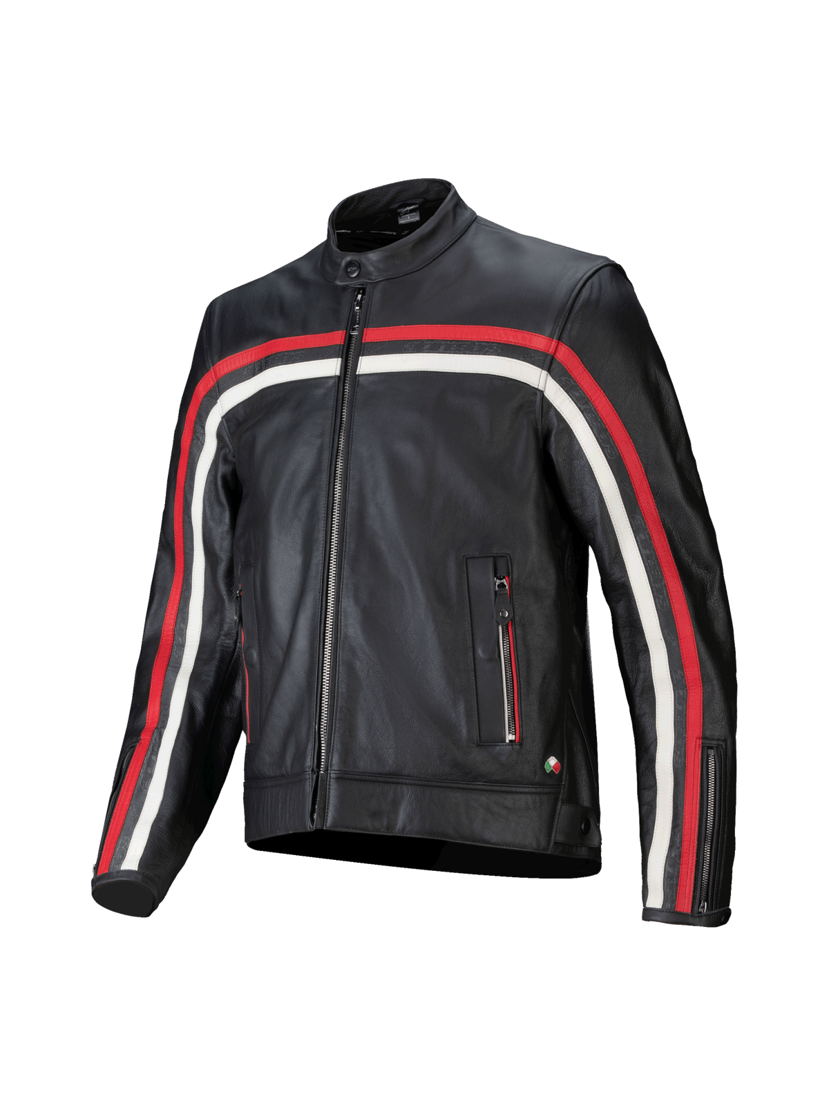 Alpinestars Dyno leren herenmotorjas, zwart met rode en ecru strepen, Tech-Air Ready en CE-gecertificeerd.