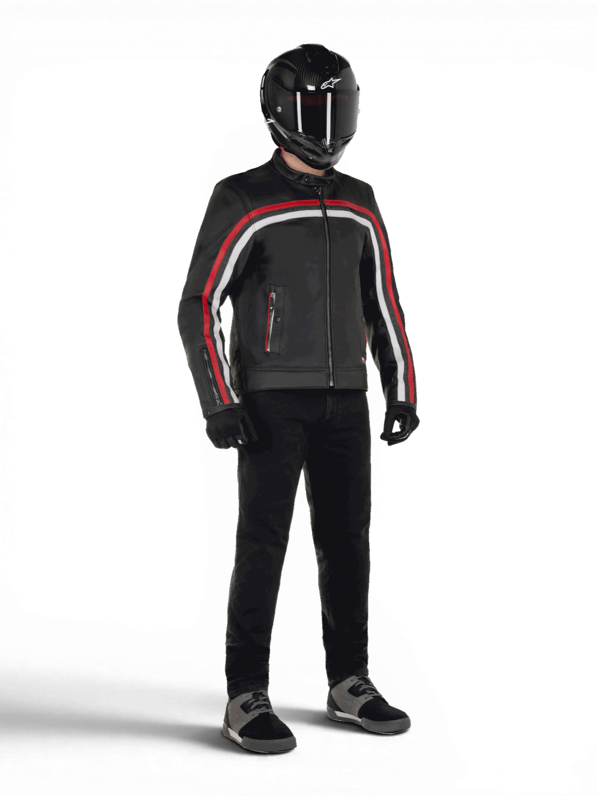 Alpinestars Dyno herenmotorjas van zwart en rood rundleer, urban stijl, Tech-Air ready, gedragen door model met helm.