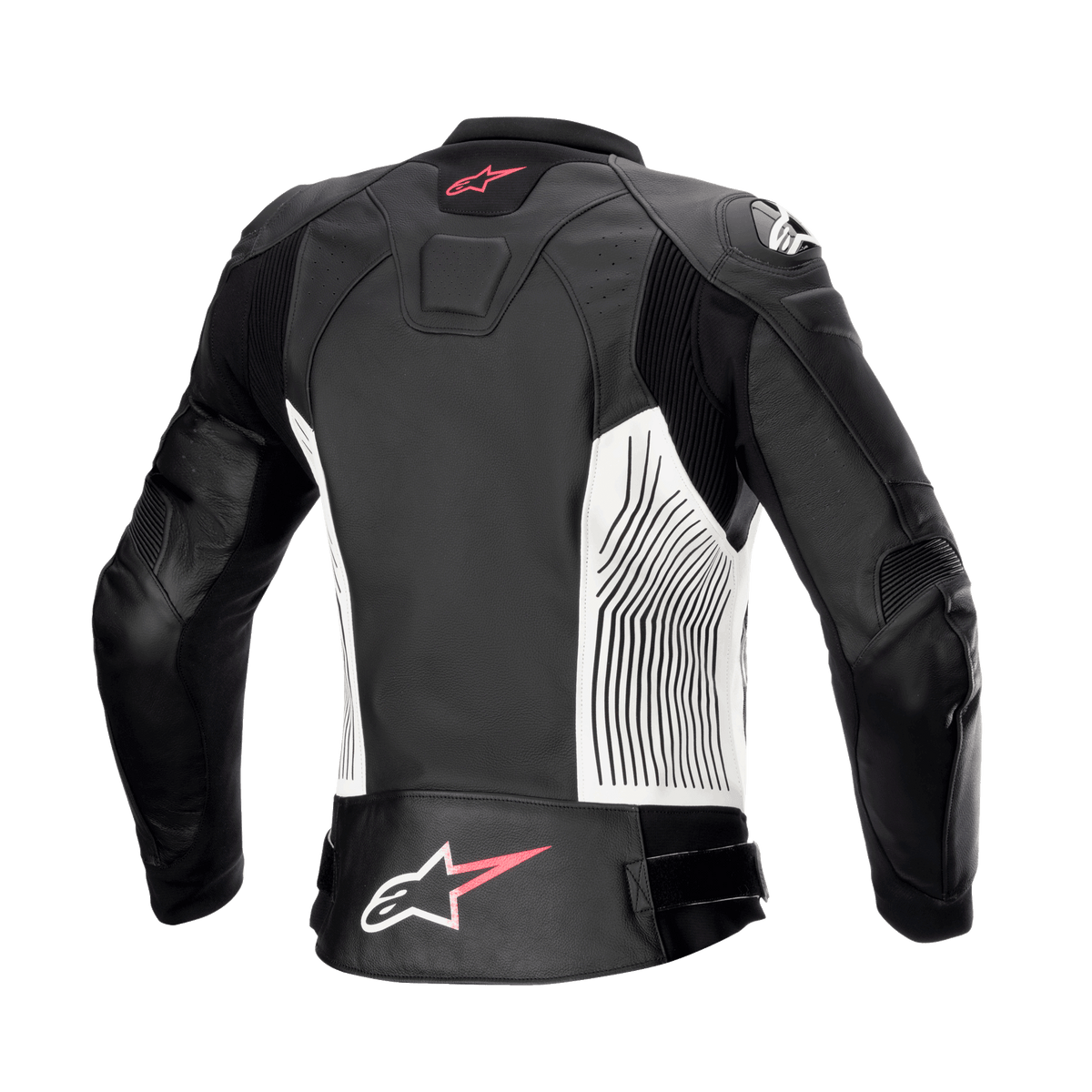 Alpinestars Stella GP Plus V4 leren damesjas, zwart, wit en Diva Pink, achteraanzicht, voorzien van witte zijpanelen met zwarte grafische lijnen, roze en witte Alpinestars-logo's op de boven- en onderrug, en leren accordeon stretchpanelen voor verbeterde mobiliteit.