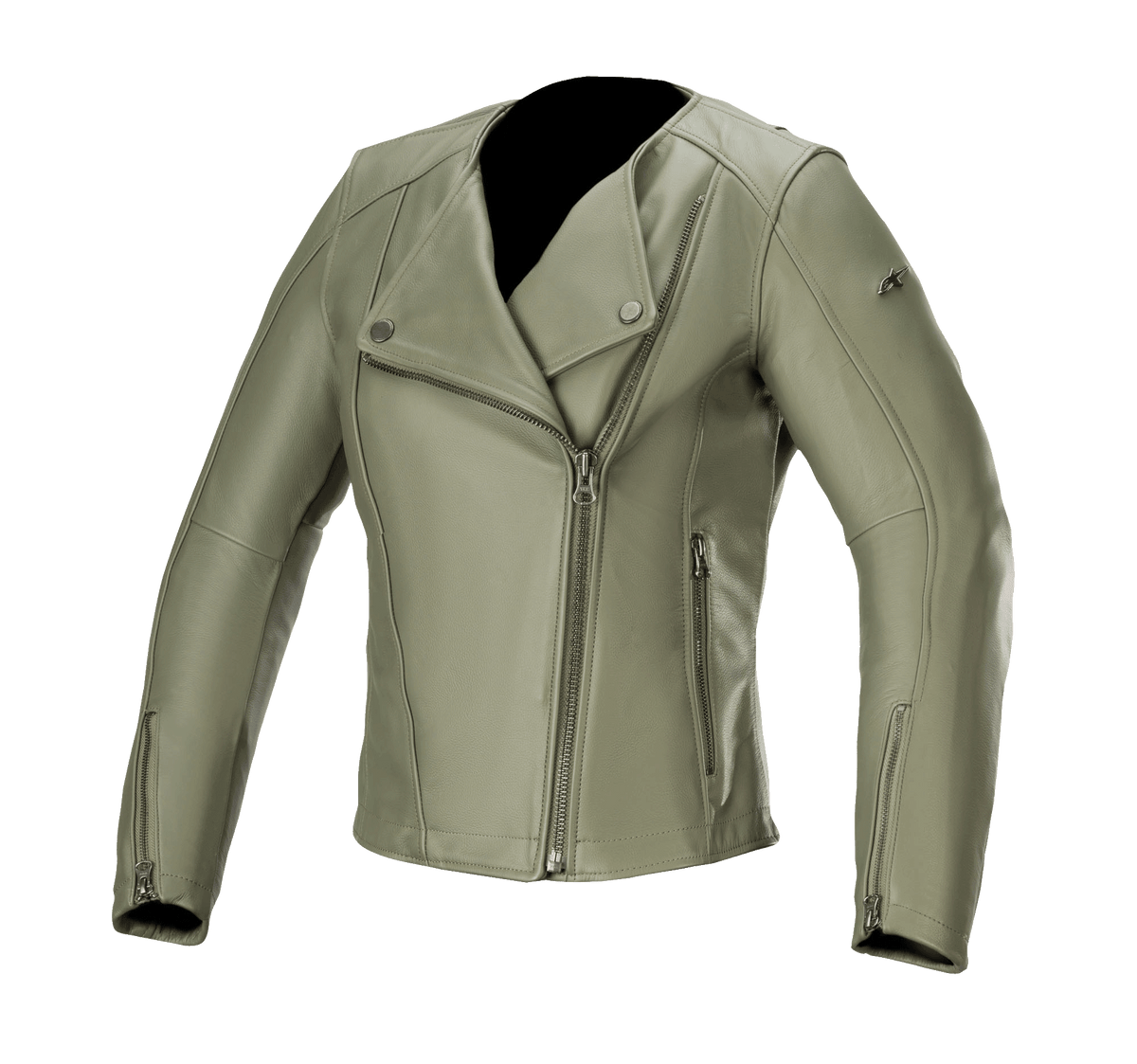 Alpinestars Alice dames leren jas, Military Green, leren motorjas met asymmetrische ritssluiting aan de voorzijde, kraag met drukknopen, manchetten met ritssluiting, hoogwaardige runderleren constructie, getailleerde vrouwelijke pasvorm voor stedelijk rijden