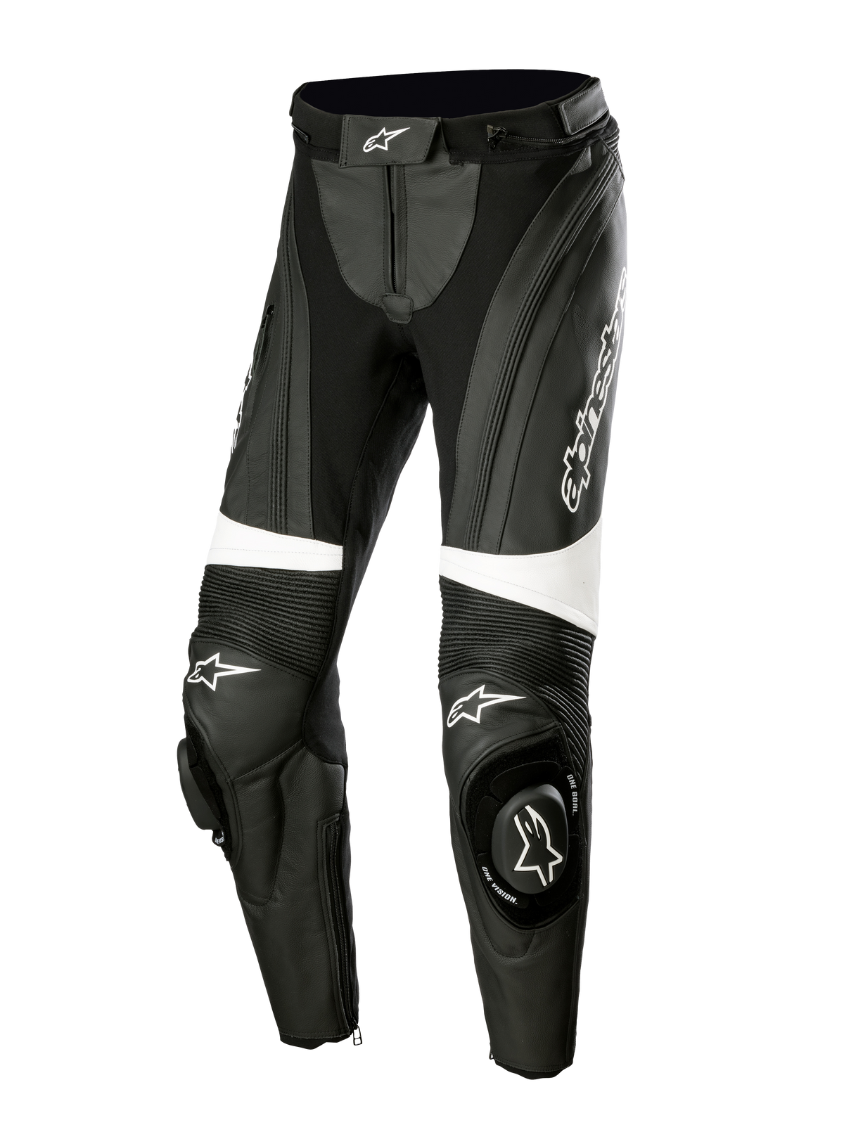 Alpinestars Stella Missile V3 lederen motorbroek, dames racebroek, zwart en wit, voorzien van accordeon stretchpanelen boven de knieën, geïntegreerde knee-sliders met Alpinestars-logo, witte accenten en een gestroomlijnde pasvorm voor sport- en circuitrijden