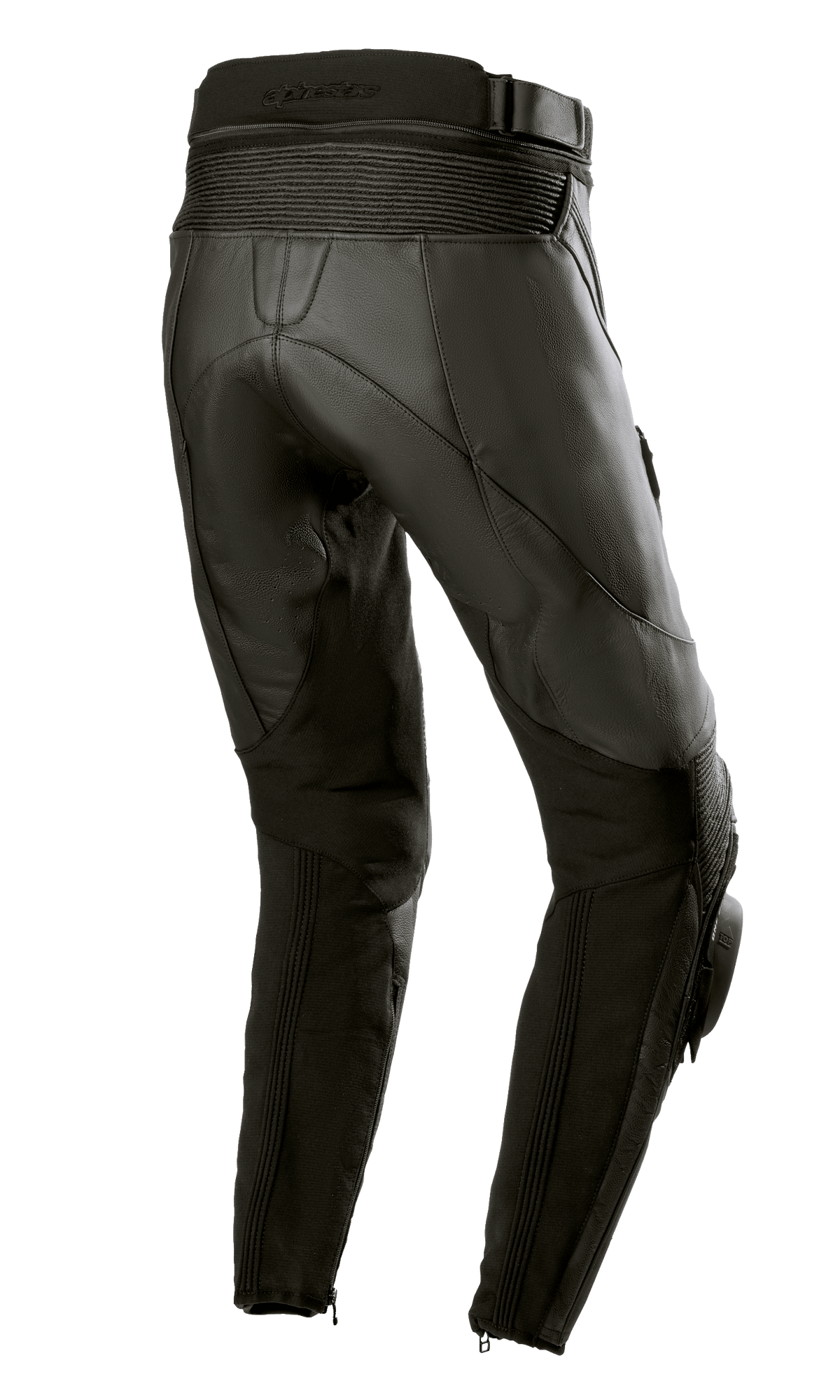 Alpinestars Stella Missile V3 dames leren broek, zwart, achteraanzicht met hoge taille aan de achterkant en accordeon lederen stretchzones boven de knie, hoogwaardige runderleren constructie met stretchpanelen op de kuiten en enkelritsen, ontworpen voor racing en sportief rijden.