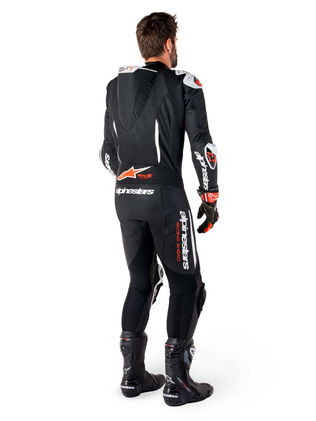 Alpinestars GP-R7 leren pak 1 stuk, heren racepak in zwart en rood fluo met aerodynamische bult en Tech-Air Ready-logo.