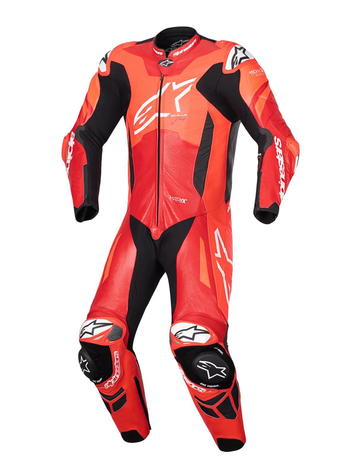 Alpinestars GP Plus V4 Sprint leren pak, eendelig motorracepak voor heren, rood fluo en wit, geperforeerd leer, Tech-Air® ready, CE-gecertificeerd AAA.