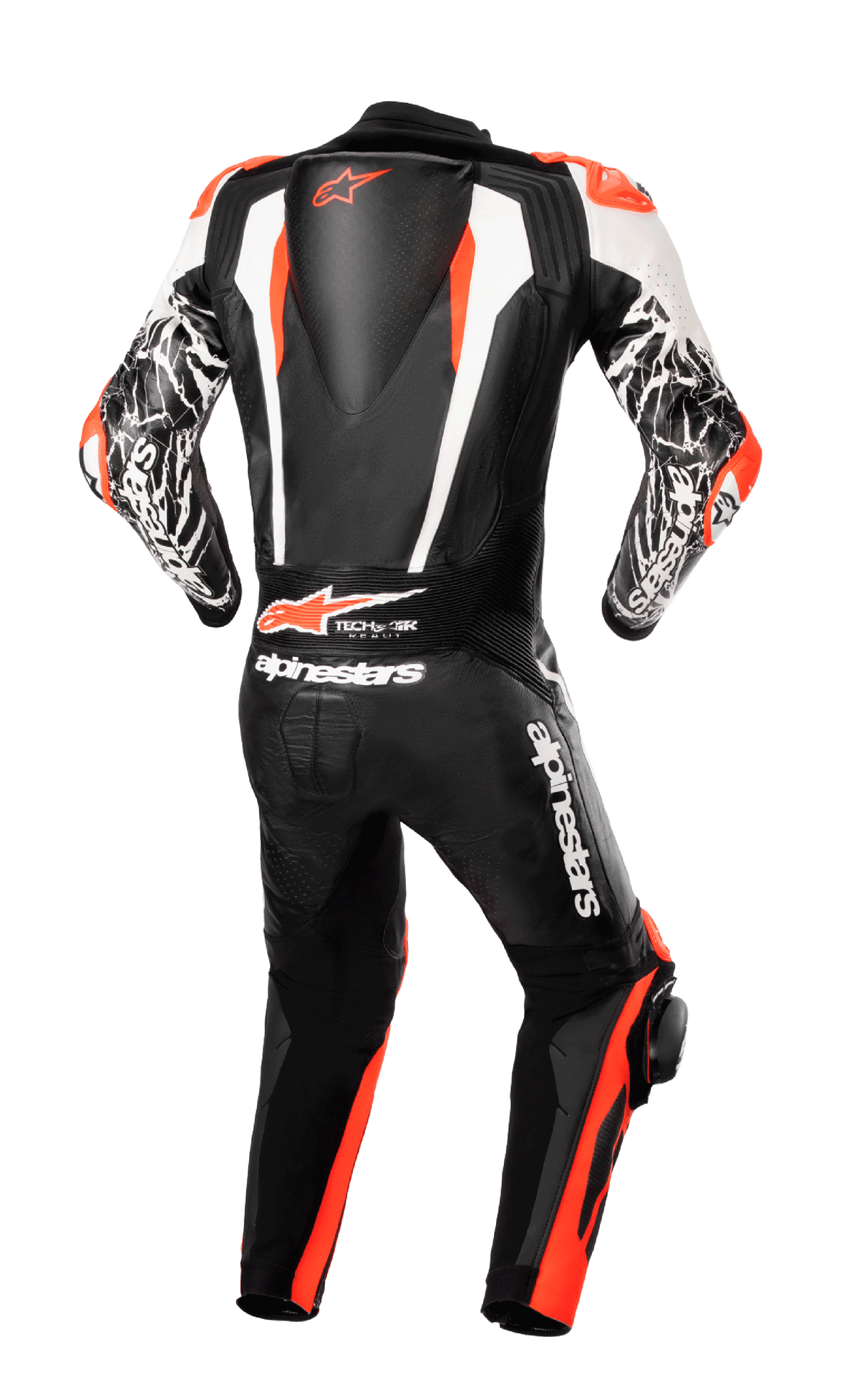 Alpinestars Racing Absolute V2 eendelig lederen motorpak, achteraanzicht, zwart, wit en fluorood, met aerodynamische rugbult met logo, Tech-Air Ready-branding en witte armaccenten met marmerpatroon, professionele motoruitrusting voor het circuit