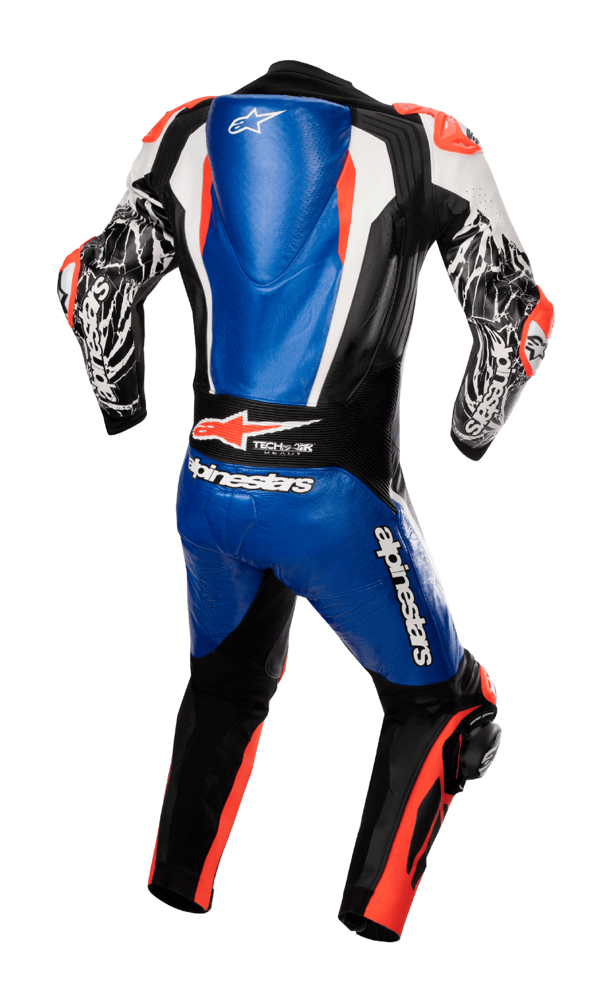 Alpinestars Racing Absolute V2 eendelig leren pak, achteraanzicht, metallic blauw, zwart, wit en fluo rood, met aerodynamische rugbult, opvallende Alpinestars-logo's en composiet stretchpanelen, professionele race-uitrusting