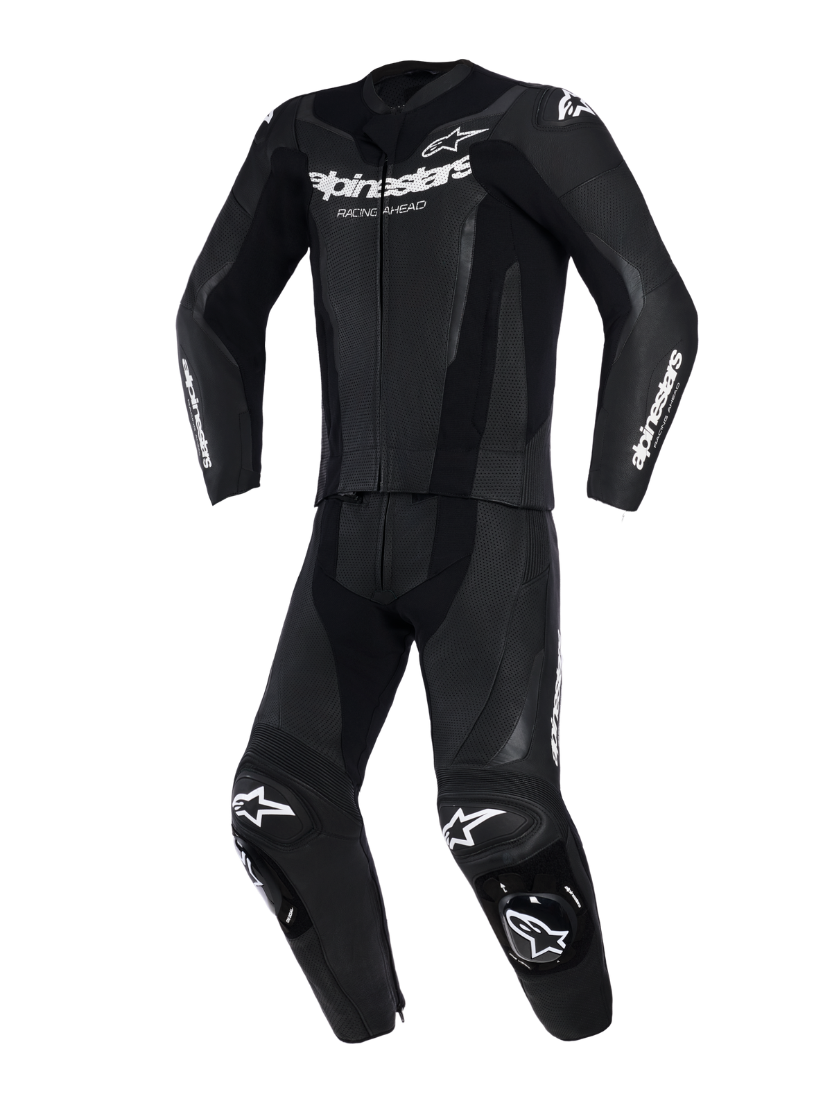Alpinestars GP Force V2 2-delig leren pak, zwart, vooraanzicht, geperforeerde leren panelen, witte Alpinestars logo's op borst en mouwen, geïntegreerde kniesliders, hoogwaardige race- en sportuitrusting