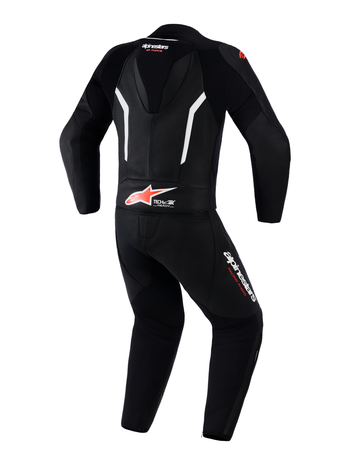 Alpinestars GP Force V2 tweedelig leren pak, motorpak, zwart, wit en fluo rood, achteraanzicht met aerodynamische speed hump, Tech-Air Ready-branding op de onderrug, geperforeerde leren panelen voor ventilatie en Alpinestars-logo's op de benen en nek.