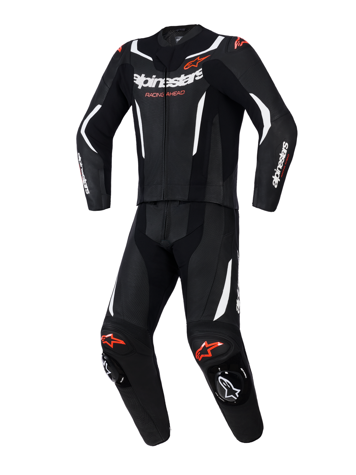 Alpinestars GP Force V2 tweedelig leren pak, motorracepak, zwart met witte en fluo-rode accenten, voorzien van geperforeerde leren panelen, witte contraststrepen, rode logo's en geïntegreerde kniesliders, professionele sportieve rijuitrusting