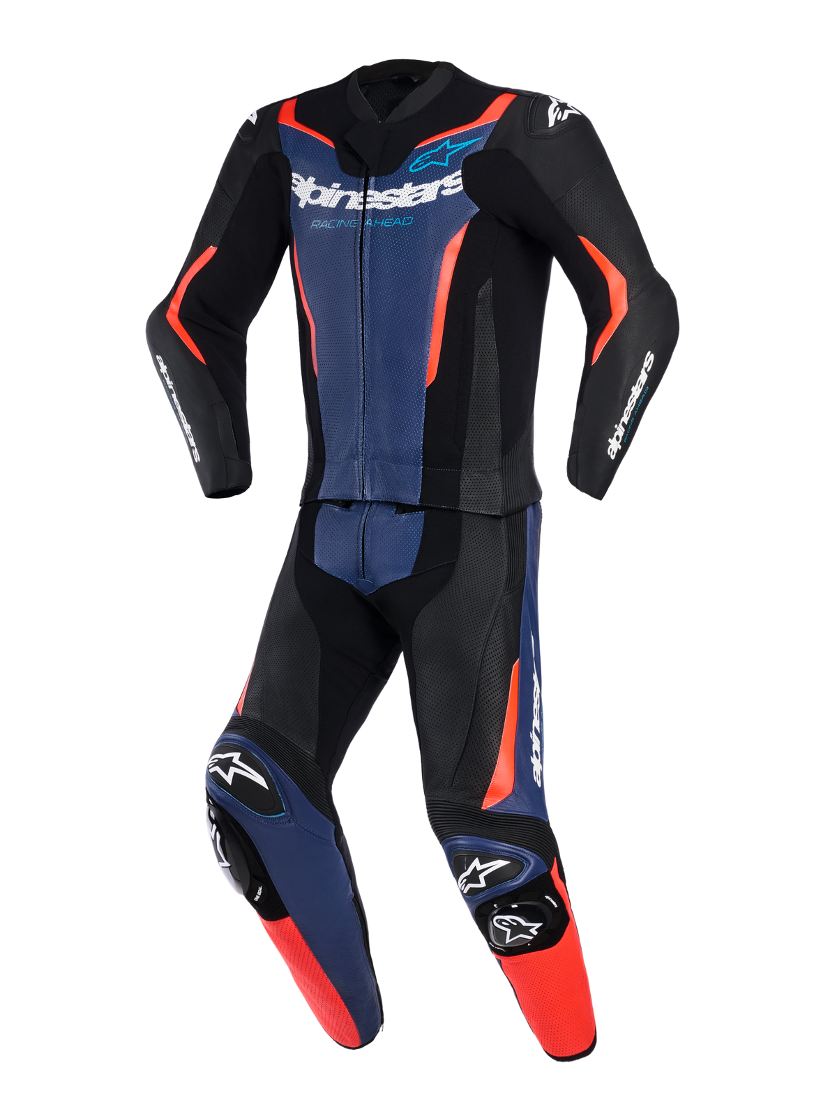 Alpinestars GP Force V2 Leather Suit 2-delig, motorpak, zwart met blauw en fluo rood, professioneel racepak met geperforeerde lederen panelen, geïntegreerde kniesliders en opvallende logo's op de borst en mouwen