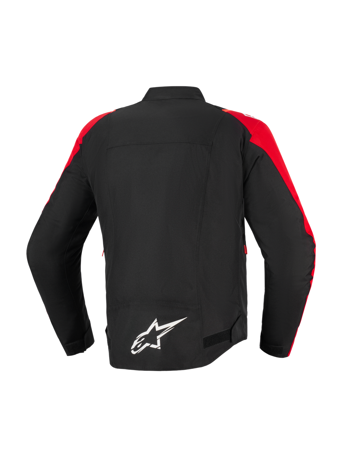 Alpinestars T-SPS V2 Waterproof jas, motorjas, zwart met rode accenten, achteraanzicht met wit Alpinestars-logo op de onderrug, sportief textielontwerp voor stads- en weggebruik