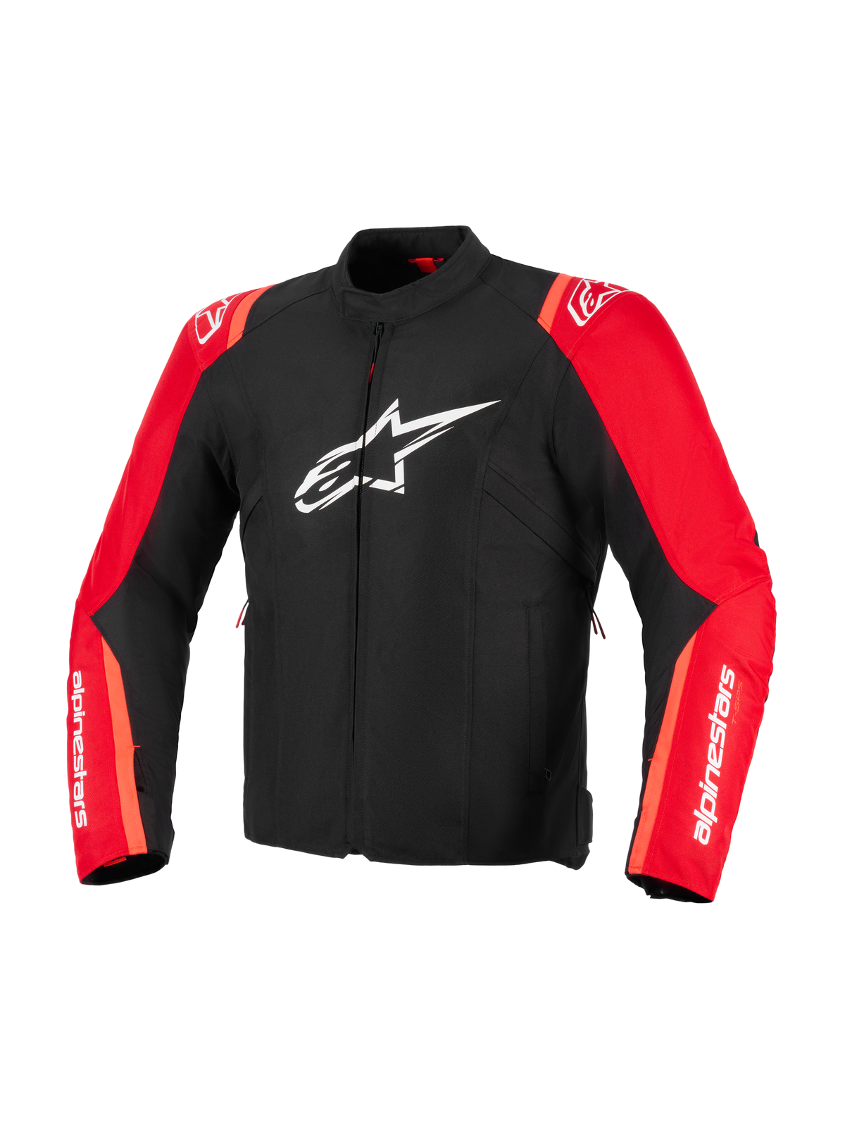 Alpinestars T-SPS V2 Waterproof Jas, zwart en fluo rood, textiele motorjas, met wit Alpinestars sterlogo op de borst en witte merknaam op de mouwen, sportieve snit met race-geïnspireerd ontwerp