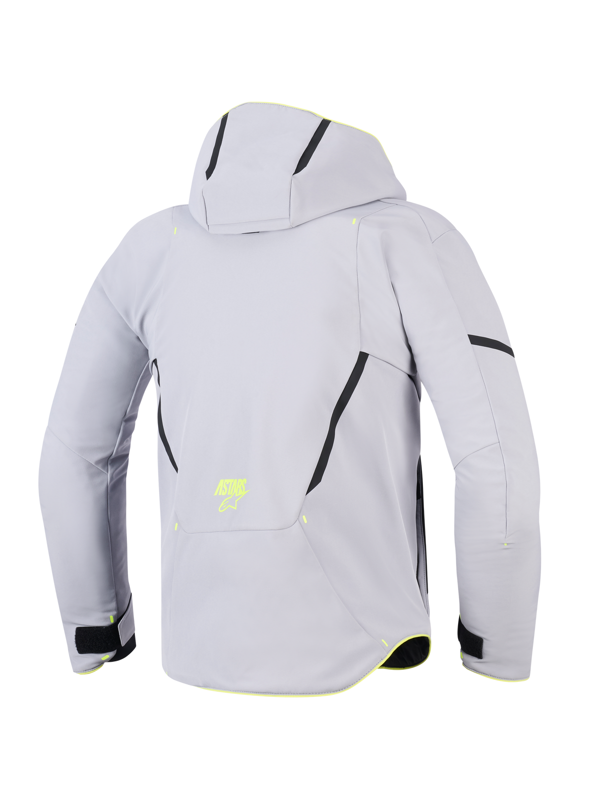 Alpinestars Aeroshell Waterproof Jacket, Mid Gray Yellow Fluo, back view of a hooded motorcycle jacket, light gray textile softshell with black diagonal accents, yellow fluorescent ASTARS logo on the lower back, modern sport-focused design.
