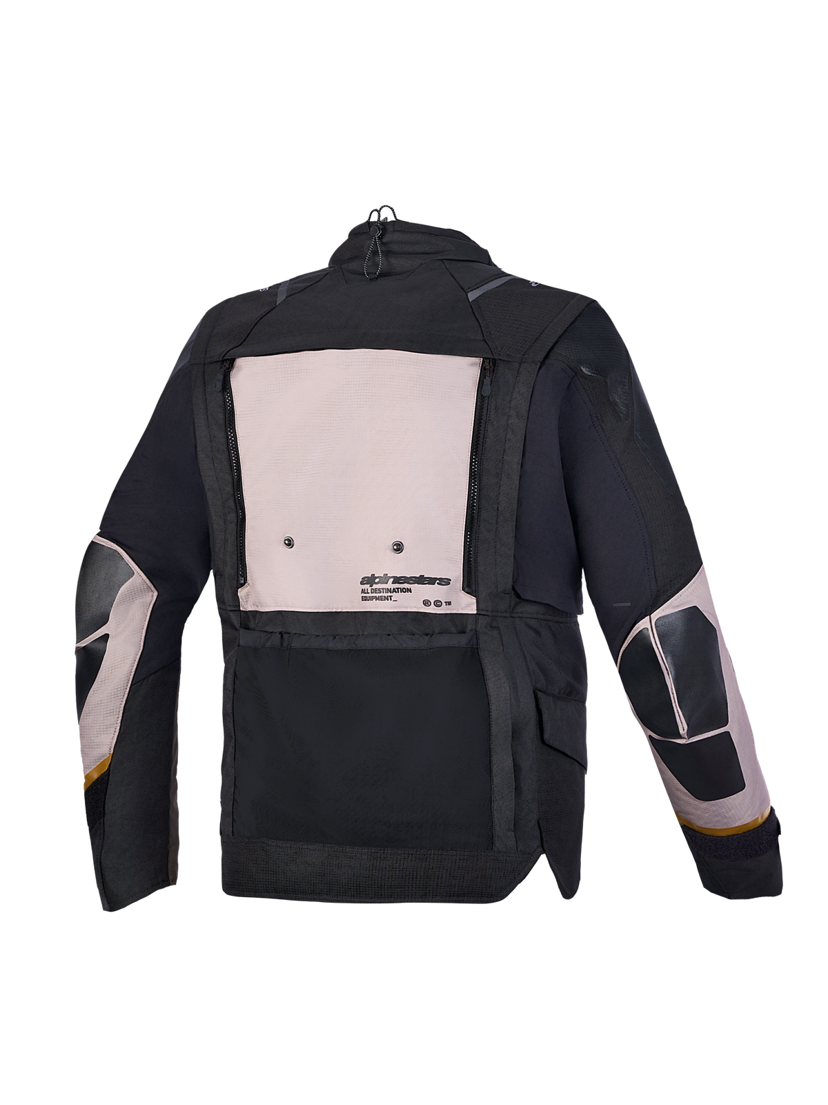 Alpinestars Harok V2 Drystar motorjas, adventure motorjas, aluminium, walnut en zwart, achteraanzicht met CE-gecertificeerde beschermingskenmerken en modulair ventilatiepaneel