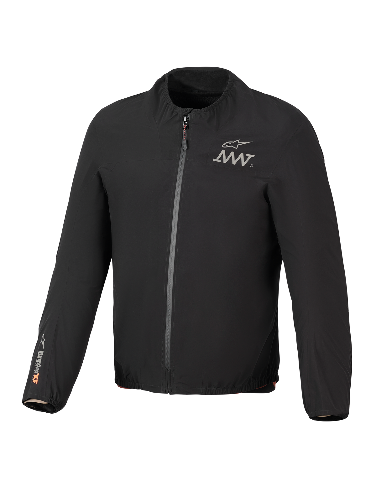 Alpinestars AMT-8 Stretch Drystar® XF Jacket Liner, zwarte lichtgewicht waterdichte stretch jas, ritssluiting voorzijde, AMT-logo op de borst, Drystar® XF-branding op de rechtermouw, elastische kraag en manchetten