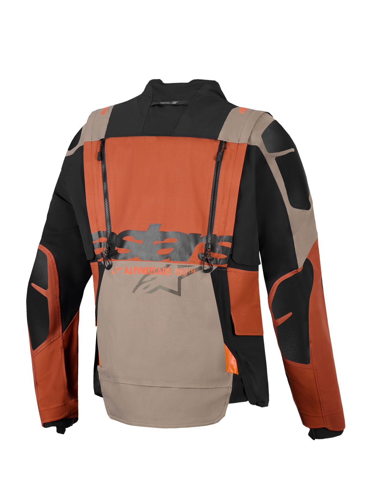 Alpinestars Halo Pro Drystar® XF Gelamineerd Jack, adventure motorjas, Walnut Rust Black, achteraanzicht met verticale ventilatieritsen, grote Alpinestars-branding in het midden en duurzame ripstop textielconstructie
