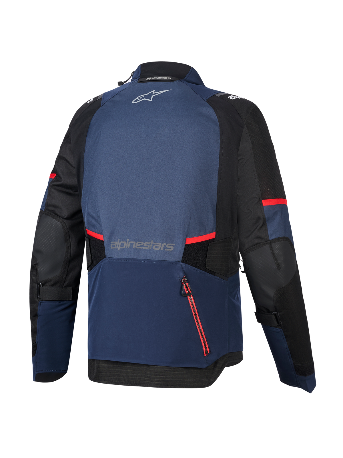 Alpinestars Andes V4 Drystar® Jas, achteraanzicht, Night Navy Mood Indigo en zwart, met rode ritsaccenten en strepen, groot waterdicht achtercompartiment, Alpinestars-logo op de boven- en onderrug, technische textiele adventure touring-jas.