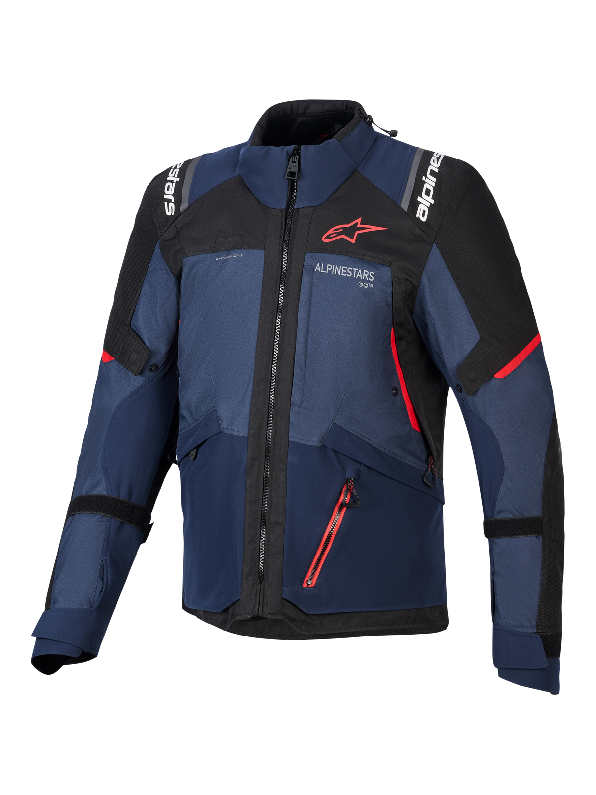 Alpinestars Andes V4 Drystar® Jas, motorjas, Night Navy Mood Indigo en zwart, vooraanzicht met rode accenten en witte Alpinestars-branding op de borst en schouders, duurzame textieluitrusting voor avontuurlijk motorrijden
