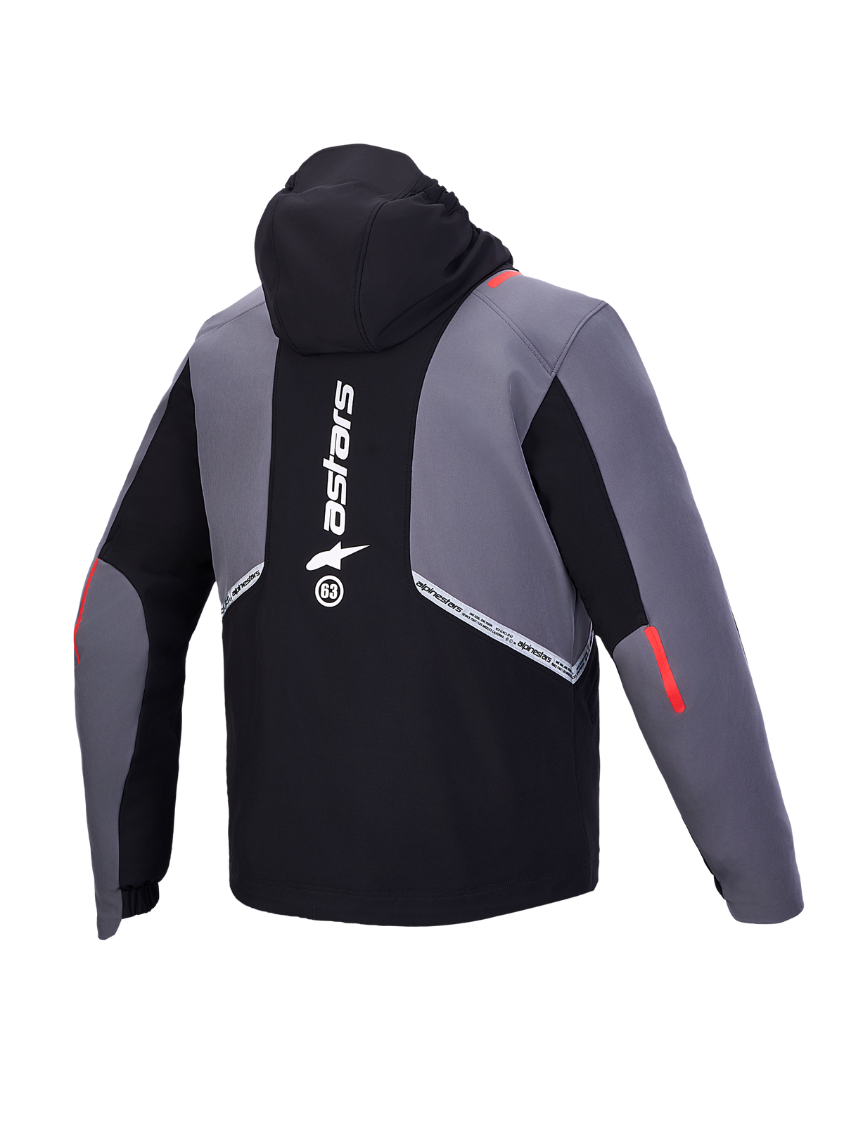 Alpinestars C 5 Drystar Jas, waterdichte urban motorjas, achteraanzicht met geïntegreerde capuchon en reflecterende details, zwart en donkergrijs met rode accenten
