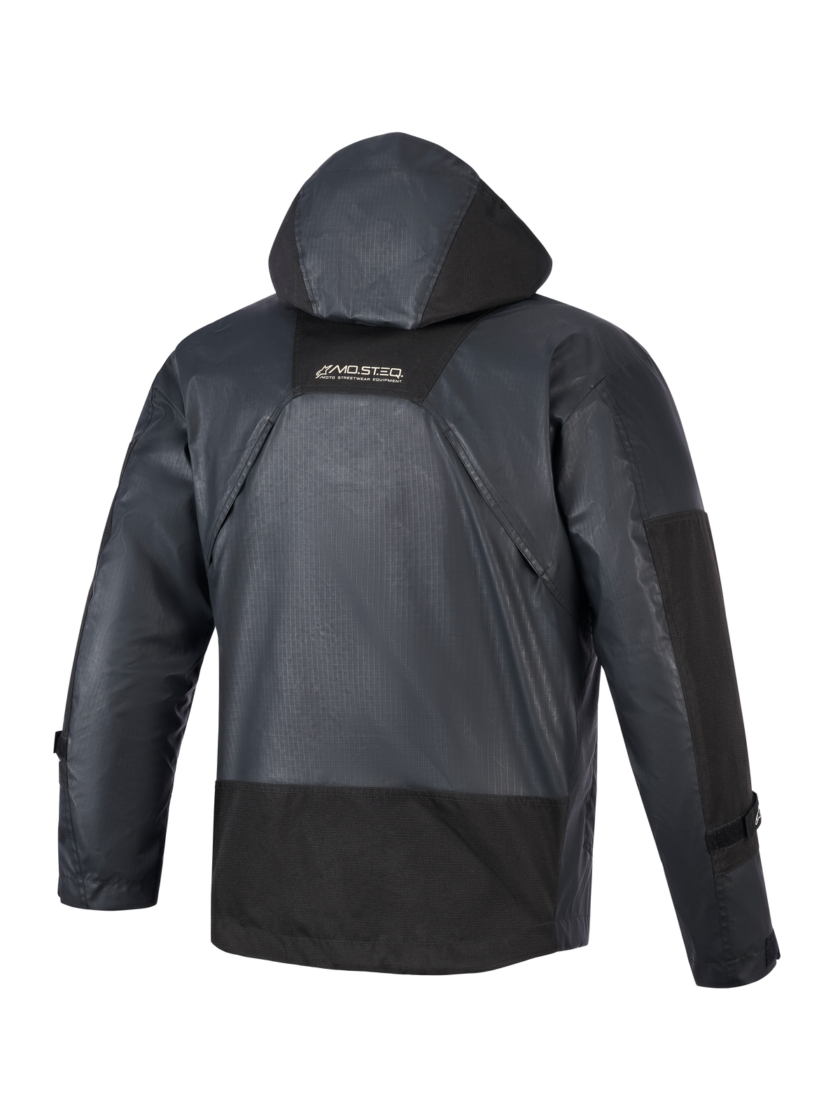 Alpinestars Mospher Waterproof Jas, motorparka, zwart, achteraanzicht met geïntegreerde capuchon en ripstop-stofconstructie, MO.ST.EQ-branding op de bovenrug, tactisch urban ontwerp voor rijden in alle weersomstandigheden
