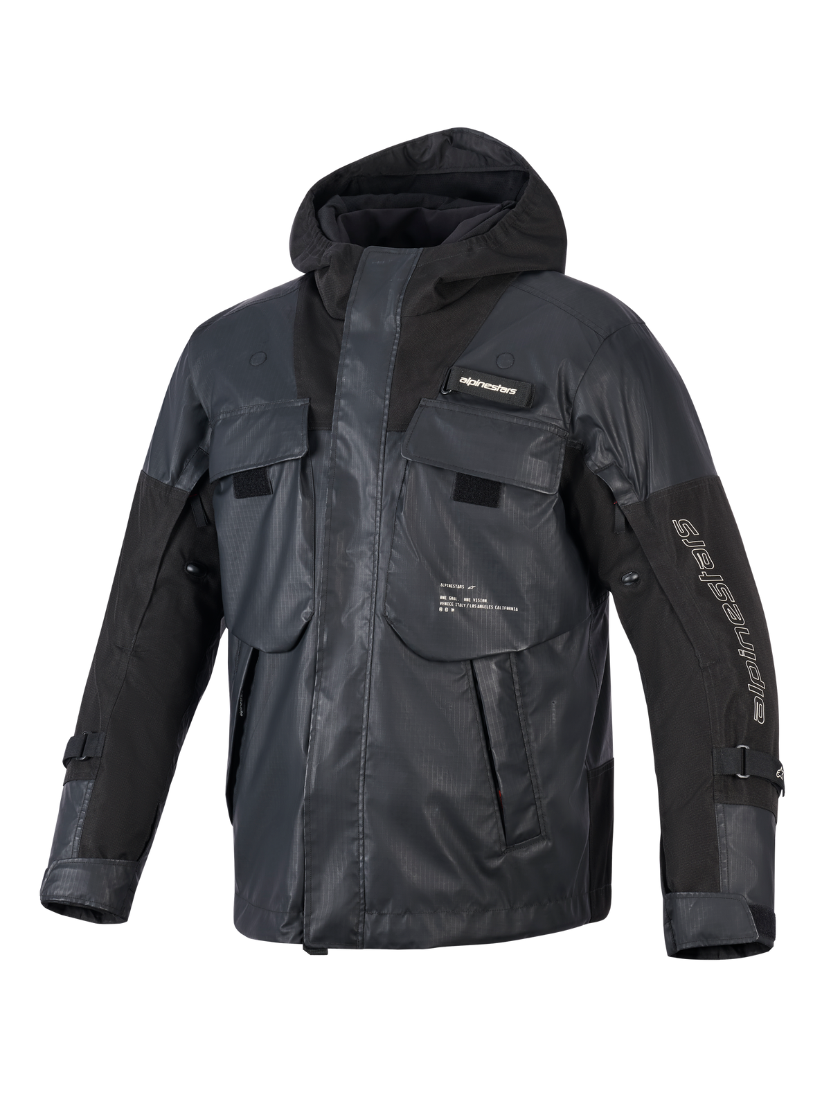 Alpinestars Mospher Waterdichte Jas, zwarte motorparka, tactisch utilitair ontwerp met meerdere grote zakken, ripstop-textielconstructie, geïntegreerde capuchon, witte Alpinestars-branding op de mouw en borst