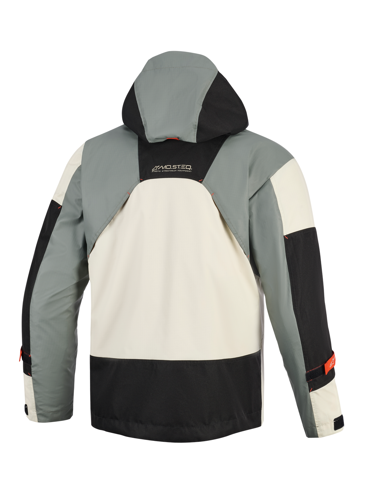 Alpinestars Mospher Waterproof Jacket in Fur Gray Black Ice, achteraanzicht, met een militair geïnspireerd multi-panel ontwerp met grijze, zwarte en ijs-witte vlakken, een geïntegreerde capuchon en MO.ST.EQ-branding op de bovenrug.