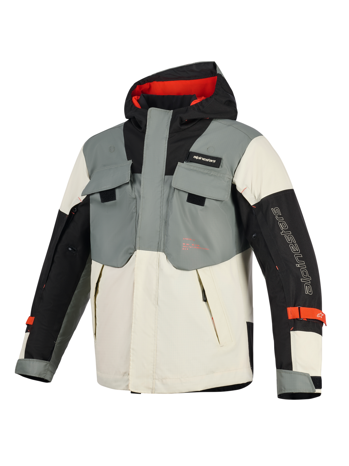 Alpinestars Mospher Waterproof Jacket, motorparka, Fur Gray Black Ice, met tactisch ontwerp met meerdere zakken, capuchon met rode binnenkant en Alpinestars-branding op de mouw