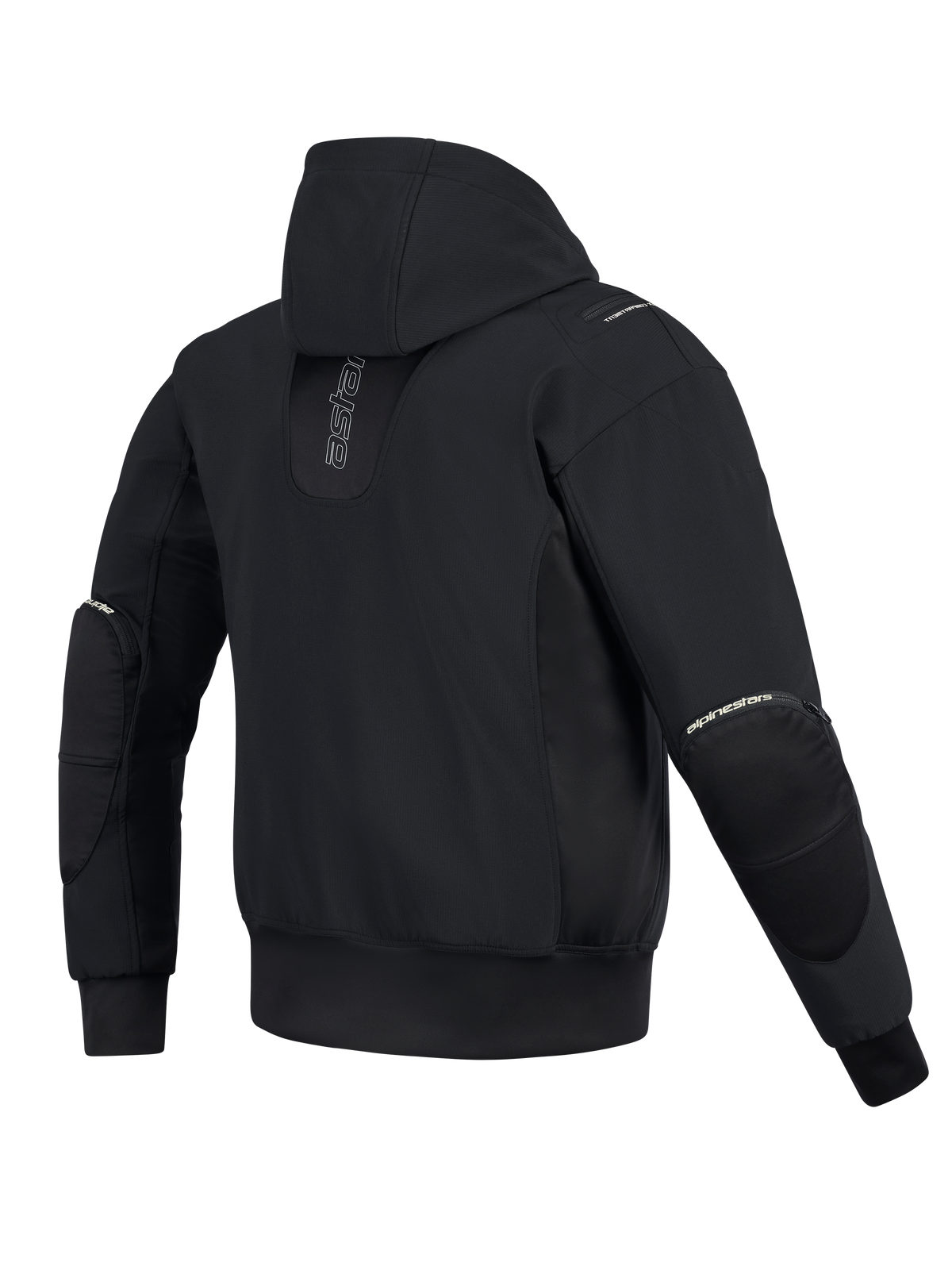 Alpinestars Moblast Waterproof Jacket, achteraanzicht, zwart, urban motorhoodie met verticale branding op de rug, technische softshell- en ripstop-constructie voorzien van een vaste capuchon en ritsen voor externe elleboogbeschermers