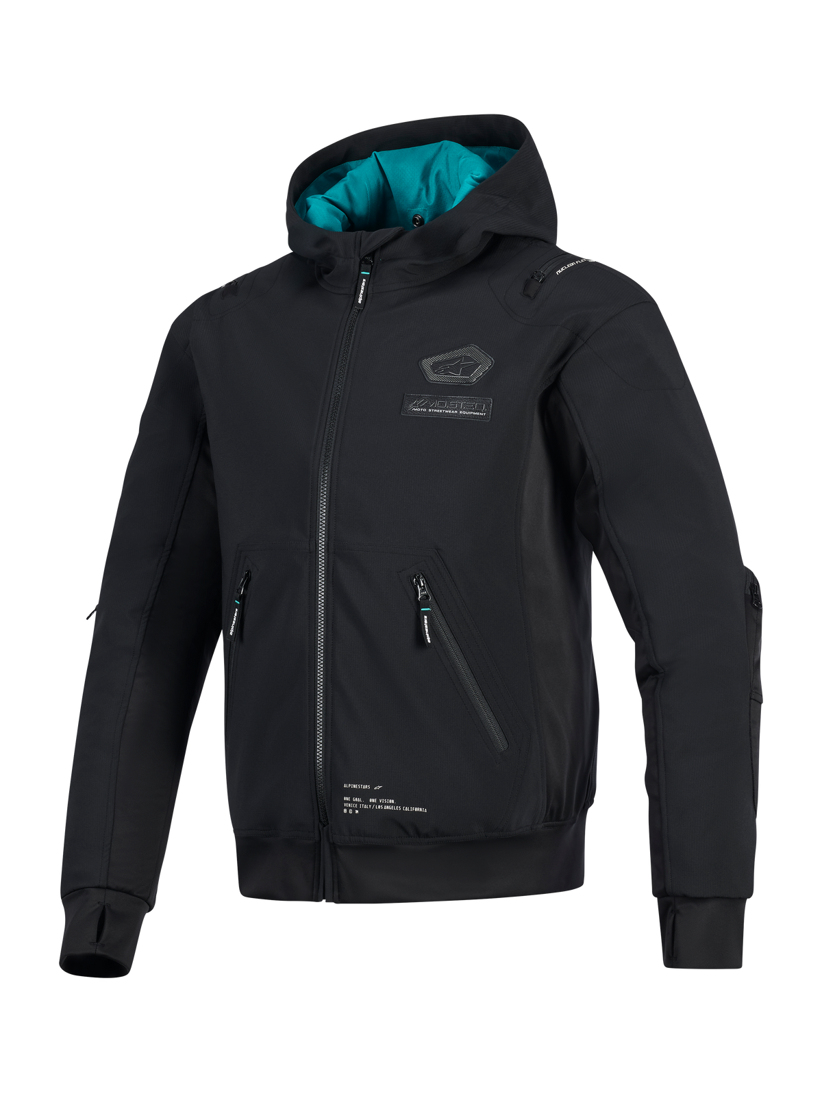 Alpinestars Moblast waterdichte jas, zwart met groenblauwe voering in de capuchon, technische softshell motorjas met 3D-zakken met ritssluiting, geïntegreerde duimgaten en Alpinestars-logo op de borst, stedelijke motorkleding
