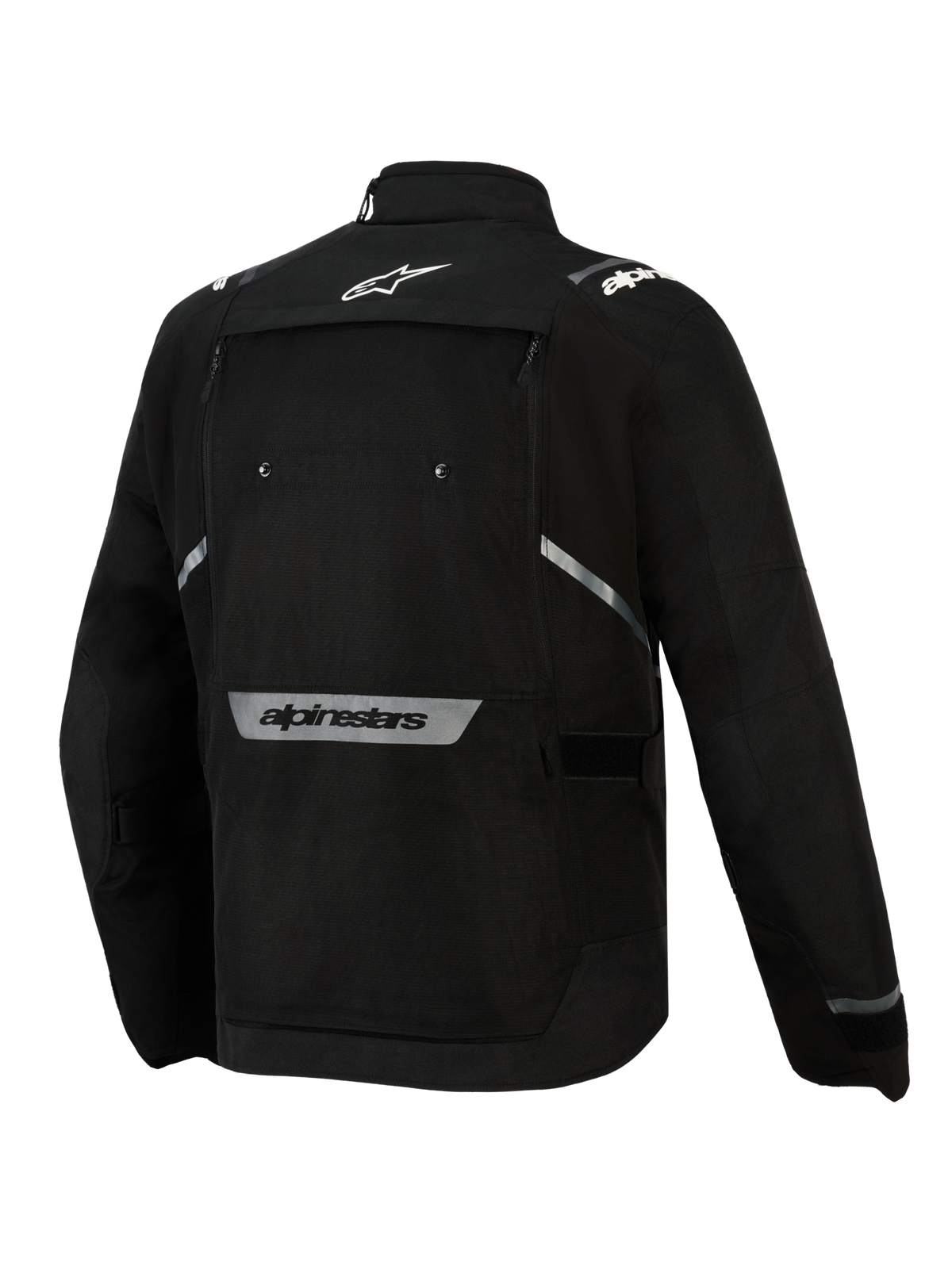 Alpinestars Cusco Drystar® jas, zwarte adventure touring motorjas, ventilatiepaneel, reflecterende logo's, achteraanzicht.