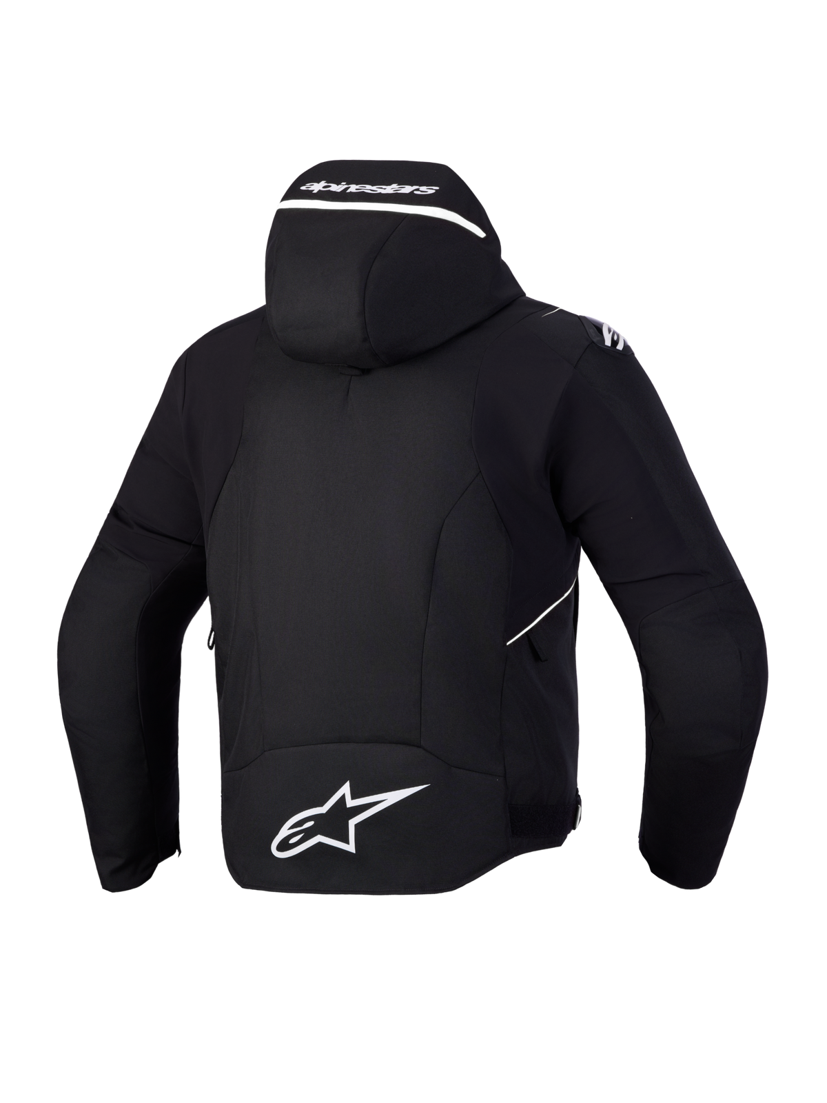 Alpinestars Zaca V2 Waterproof Jacket, heren motorjas voor de weg, zwart met witte details, achteraanzicht met geïntegreerde capuchon en Alpinestars-branding