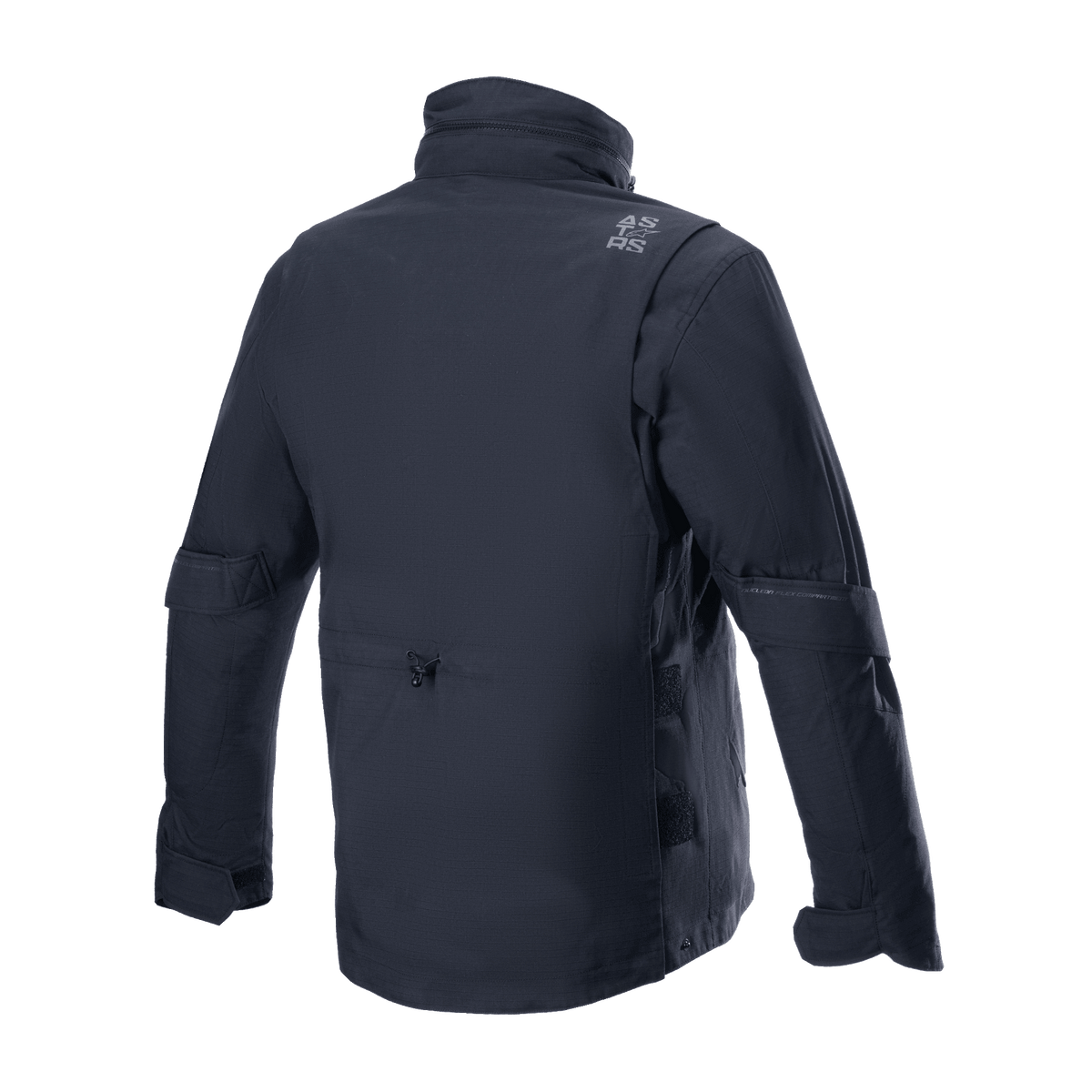 Alpinestars MO.ST.EQ Field Waterproof Primaloft Jacket, Black, Rear view, contemporary streetwear-inspired motorcycle jacket with ripstop textile construction, high collar, and subtle grey branding on the shoulder.