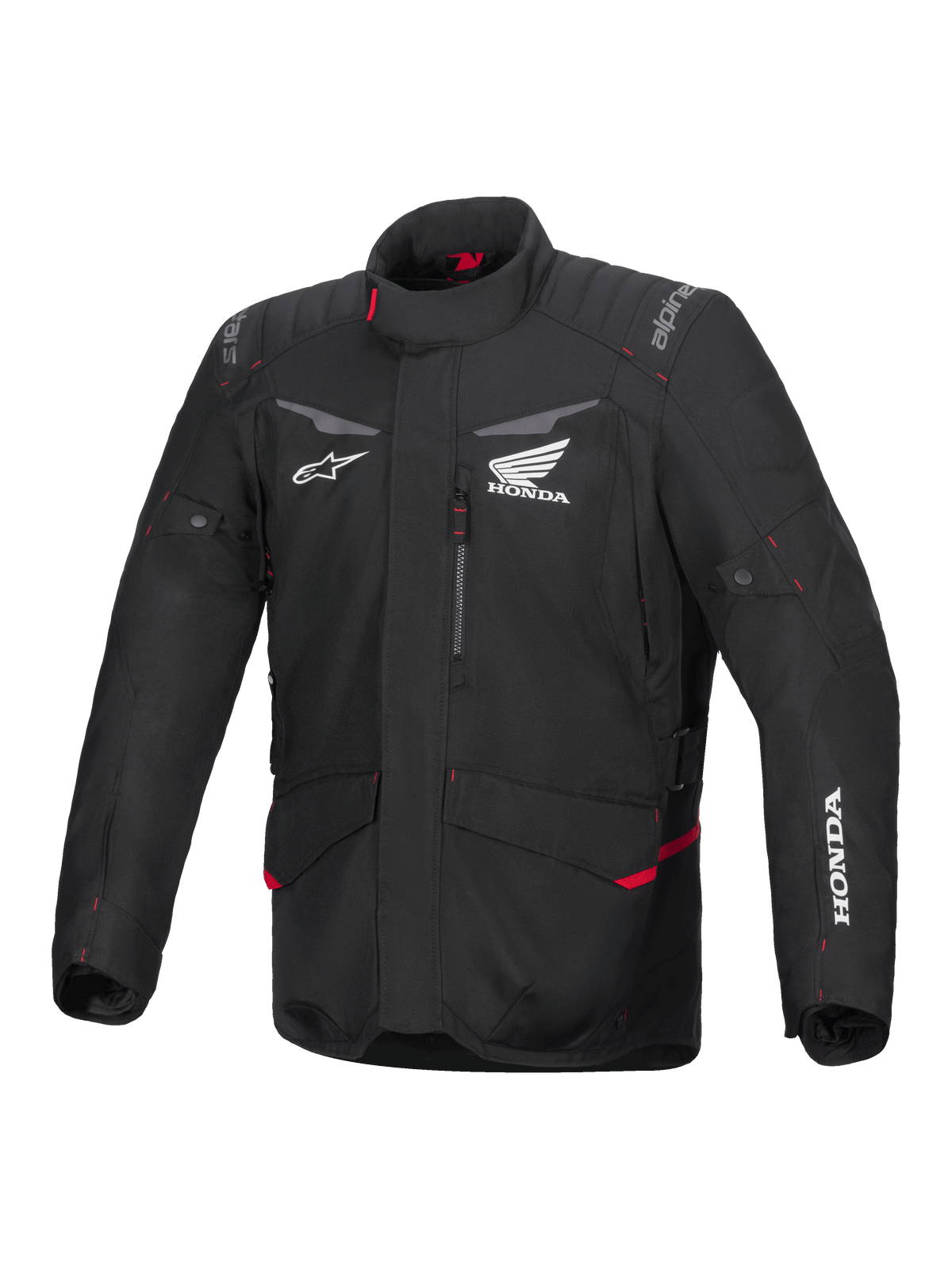 Alpinestars Honda ST-1 Waterproof Jacket, Motorcycle Touring Jacket, Black with Red Accents, Honda and Alpinestars Logos, High Collar, Padded Shoulders and Elbows, Zipper Closure, Front Pockets