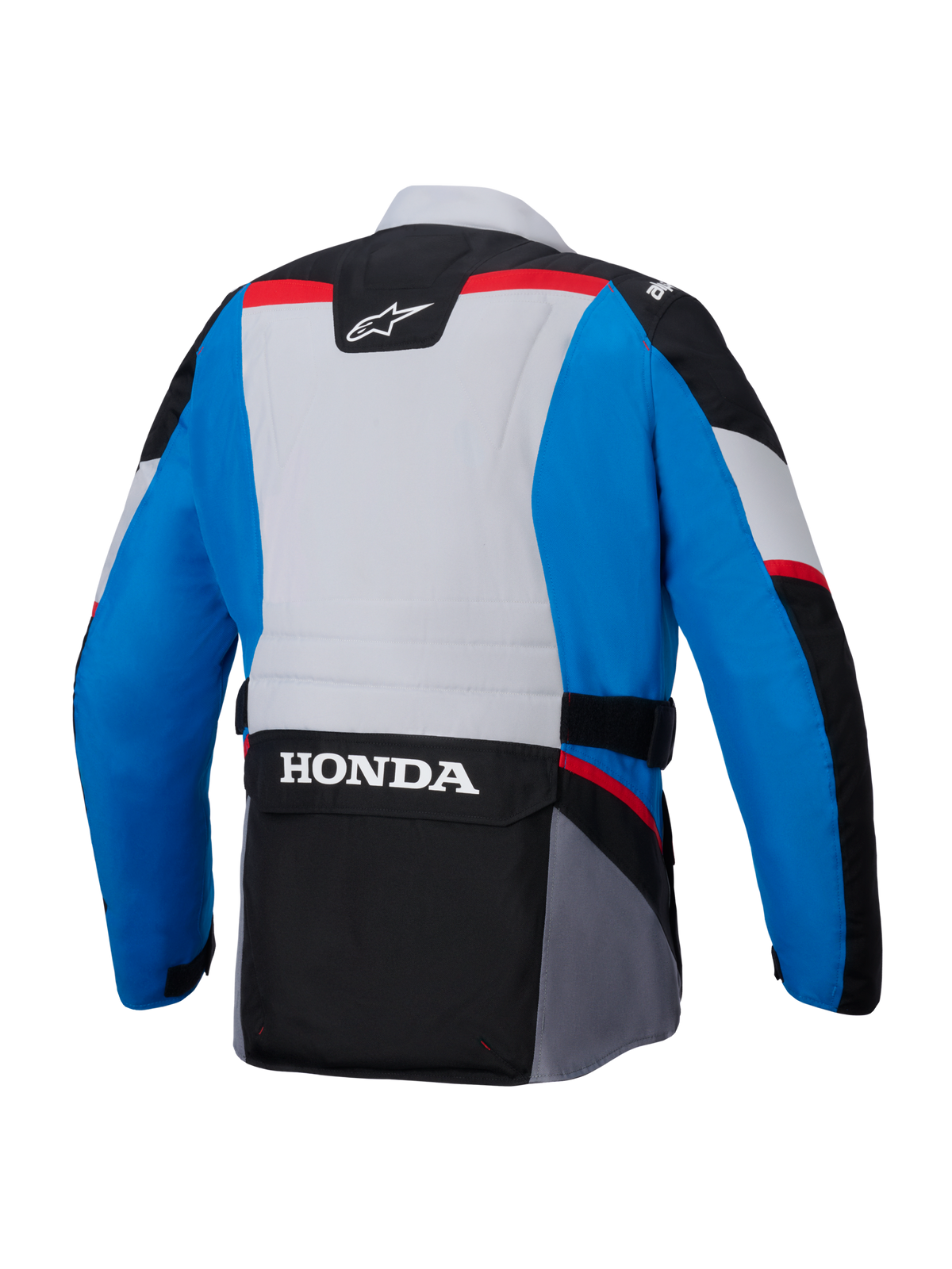 Alpinestars Honda ST-1 waterdichte jas, achteraanzicht, blauw en lichtgrijs met zwarte panelen en rode accenten, grote witte HONDA-branding op de cargozak op de onderrug, adventure touring stijl textiel jas