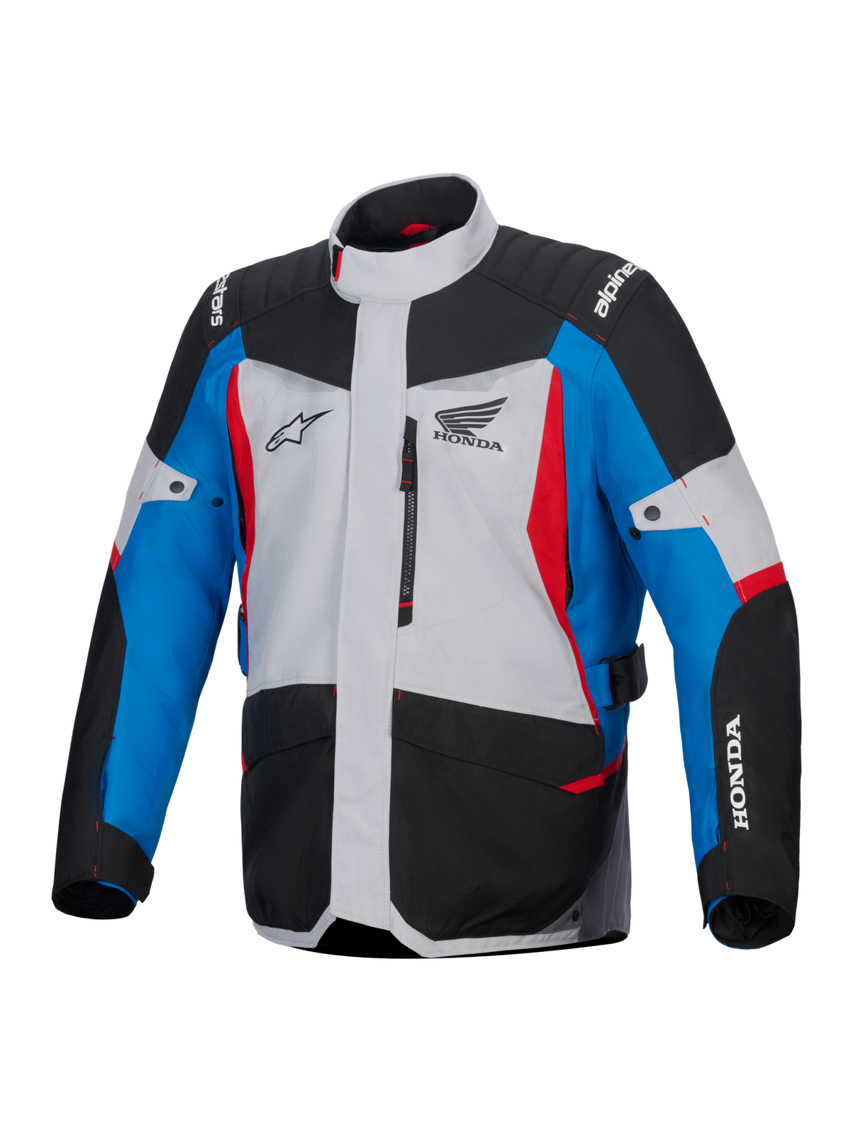 Alpinestars Honda ST-1 waterdichte jas, motor tourjas, ijsgrijs, zwart en blauw met rode accenten, voorzien van Honda- en Alpinestars-logo's, vooraanzicht met borstzak met rits en cargozakken, weersbestendig adventure touring-ontwerp