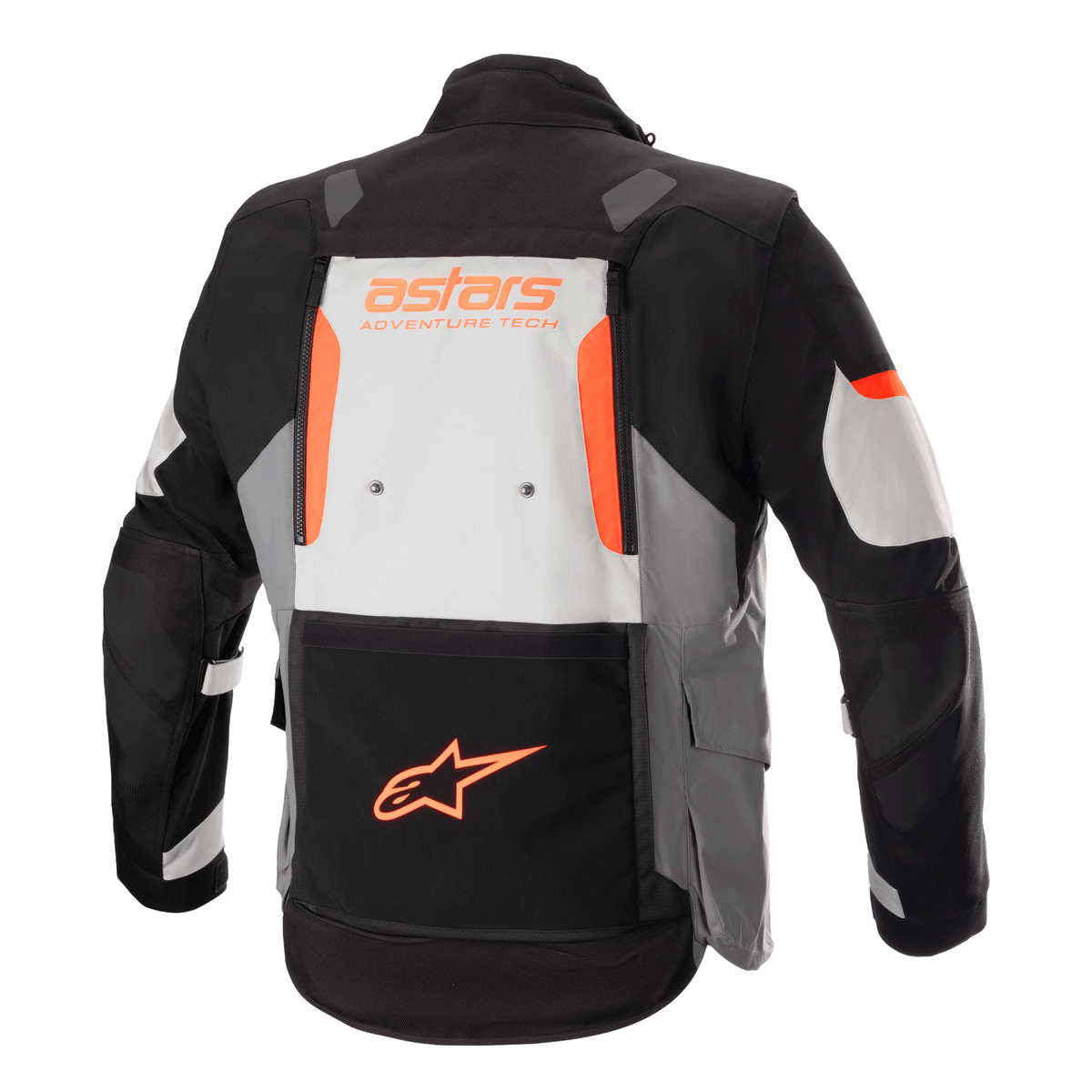 Alpinestars Halo Drystar® Jas, adventure touring motorjas, donkergrijs, ijsgrijs en zwart met oranje accenten, achteraanzicht met een groot ventilatiepaneel op de rug met 'astars ADVENTURE TECH' branding en oranje sterlogo op de onderste zak, technische motoruitrusting voor meerdere seizoenen