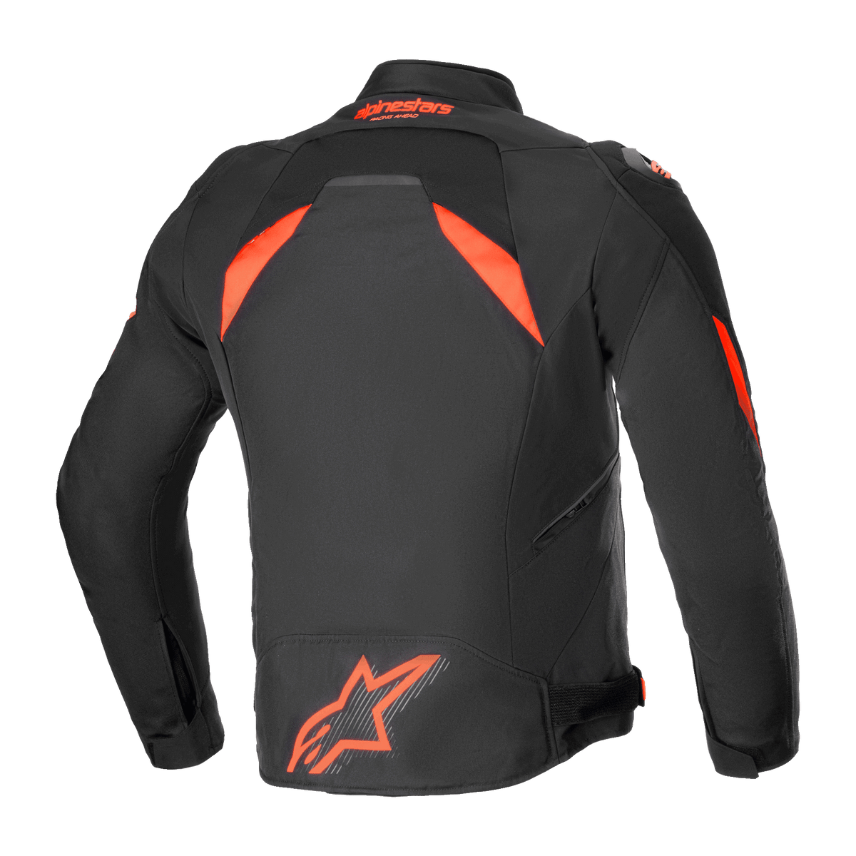Alpinestars T-GP R V3 Drystar® Jas, waterdichte sporttextiel motorjas, zwart en rood fluo, achteraanzicht met een groot fluoriserend logo op de onderrug en high-visibility schouderpanelen, technisch race-afgeleid ontwerp