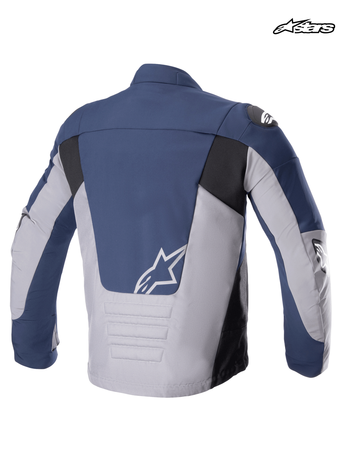 Alpinestars SMX Waterdichte Jas, heren-motorjas van textiel, achteraanzicht met nachtmarine, donkergrijs en zwart, verlengde achterzijde en wit A-star-logo