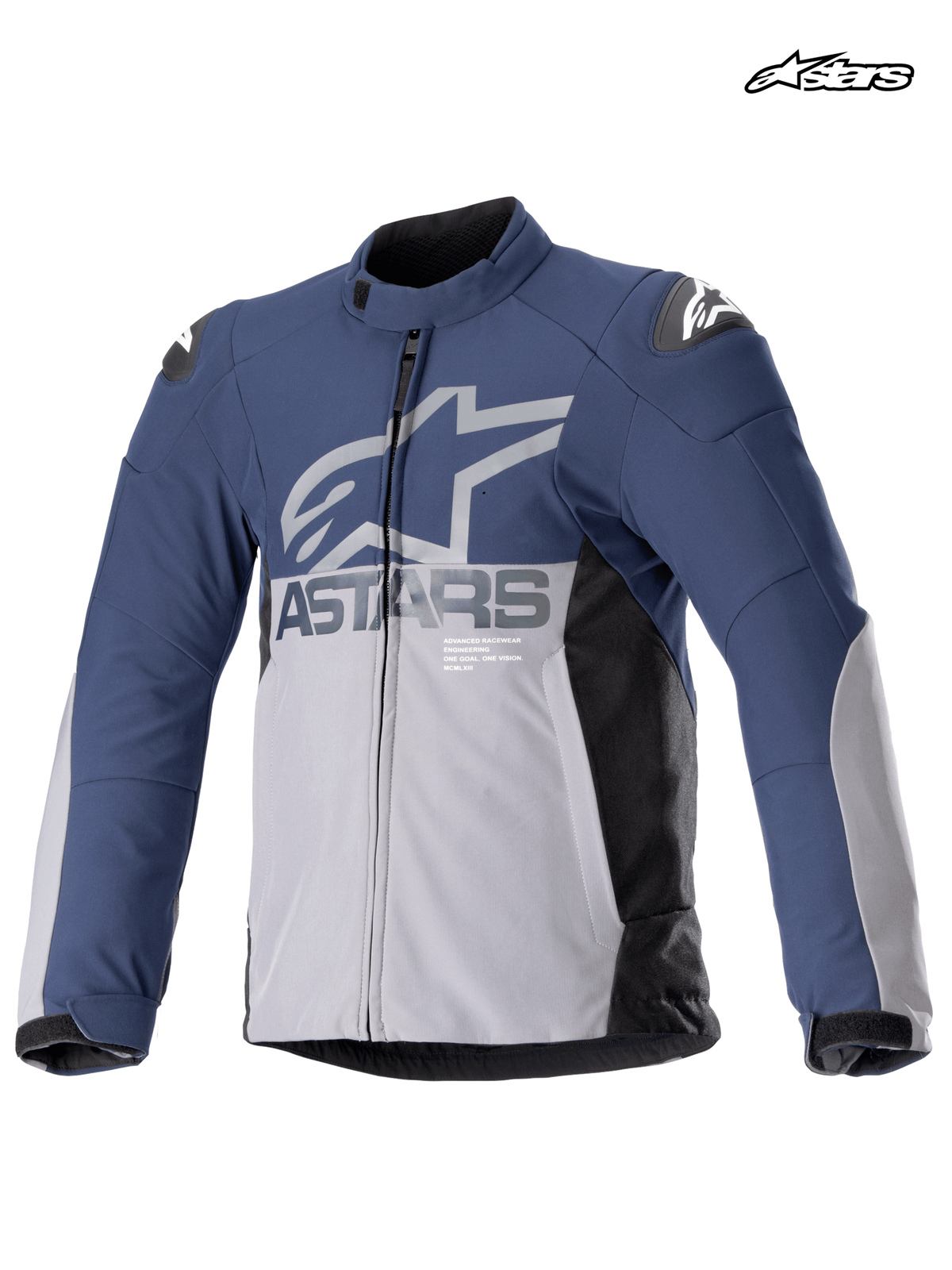 Alpinestars SMX waterdichte jas, heren motorrace- en sporttextieljas in nachtmarine en donkergrijs, vooraanzicht met waterdichte constructie en schouderbescherming