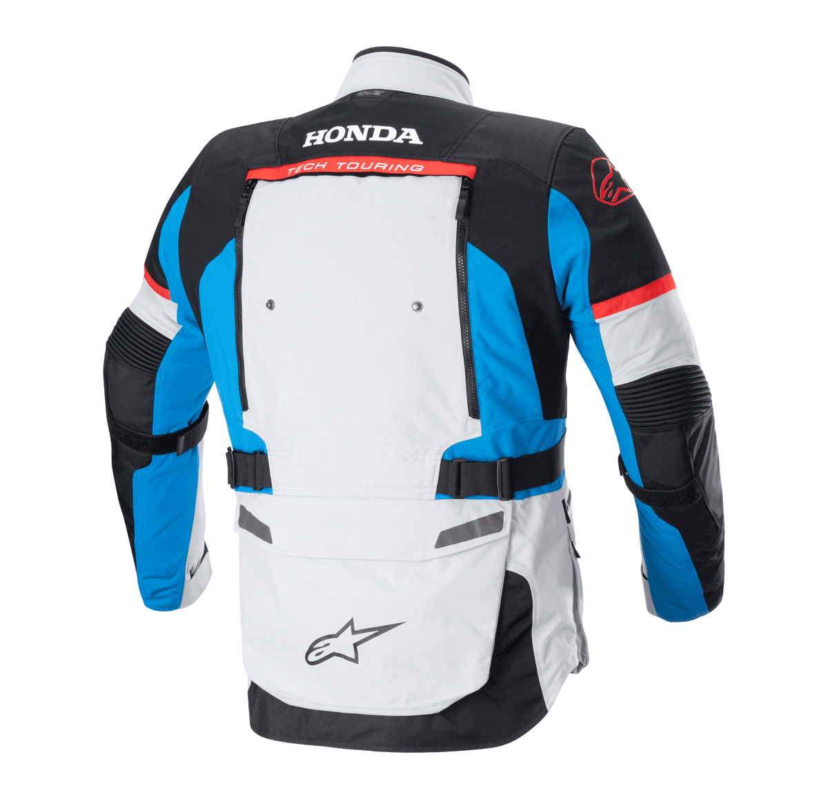 Alpinestars Honda Bogotá Pro Drystar® Jas, achteraanzicht, Ice Gray Blue en felrood, technische adventure-touring jas met Honda- en Tech Touring-branding op de rug, ventilatiepanelen en verstelbare taillebanden.