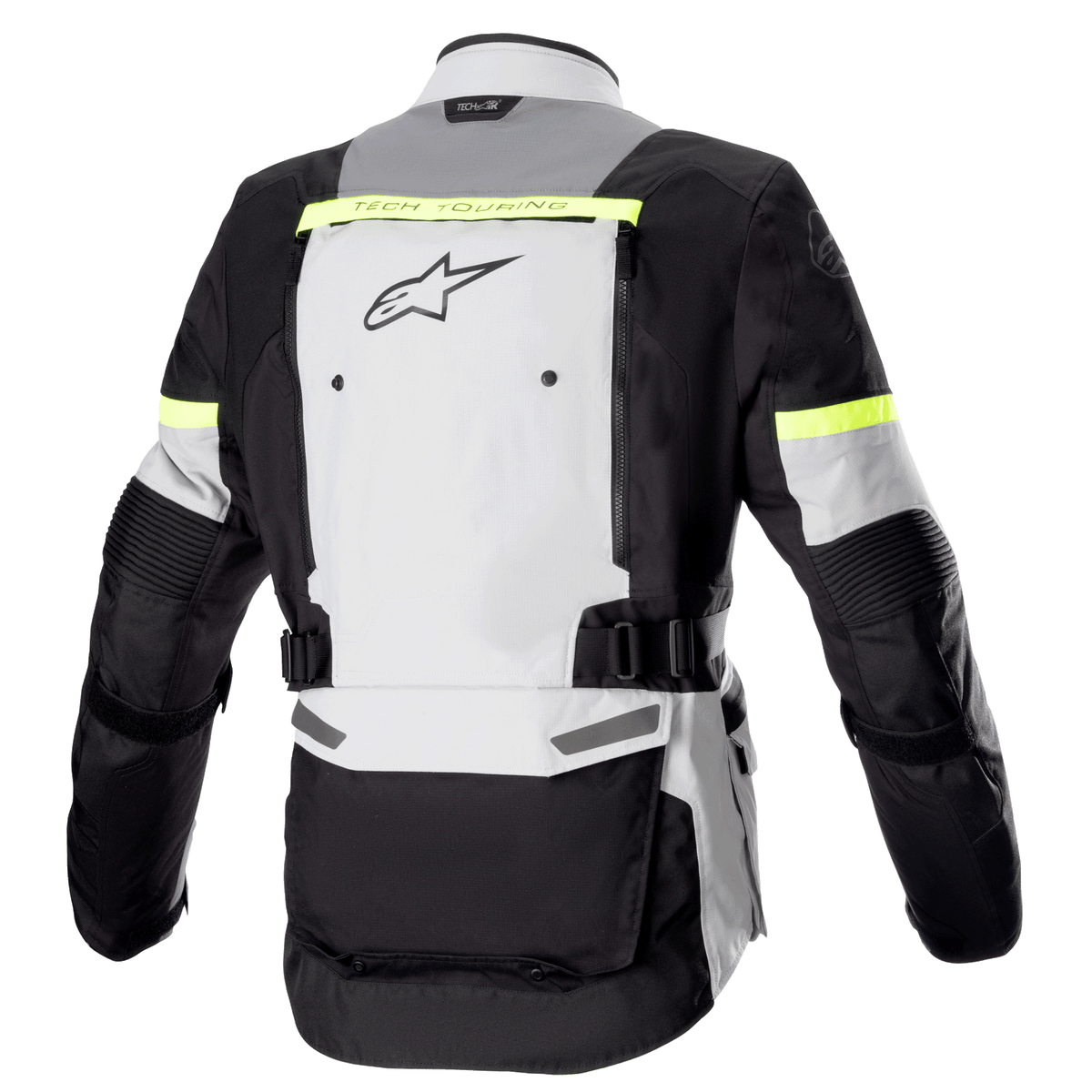 Alpinestars Bogota' Pro Drystar® Jacket, achteraanzicht, Ice Gray, Dark Gray en Yellow Fluo, met een groot ventilatiepaneel op de rug, fluorgele reflecterende accenten en verstelbare taillebanden, adventure touring motoruitrusting