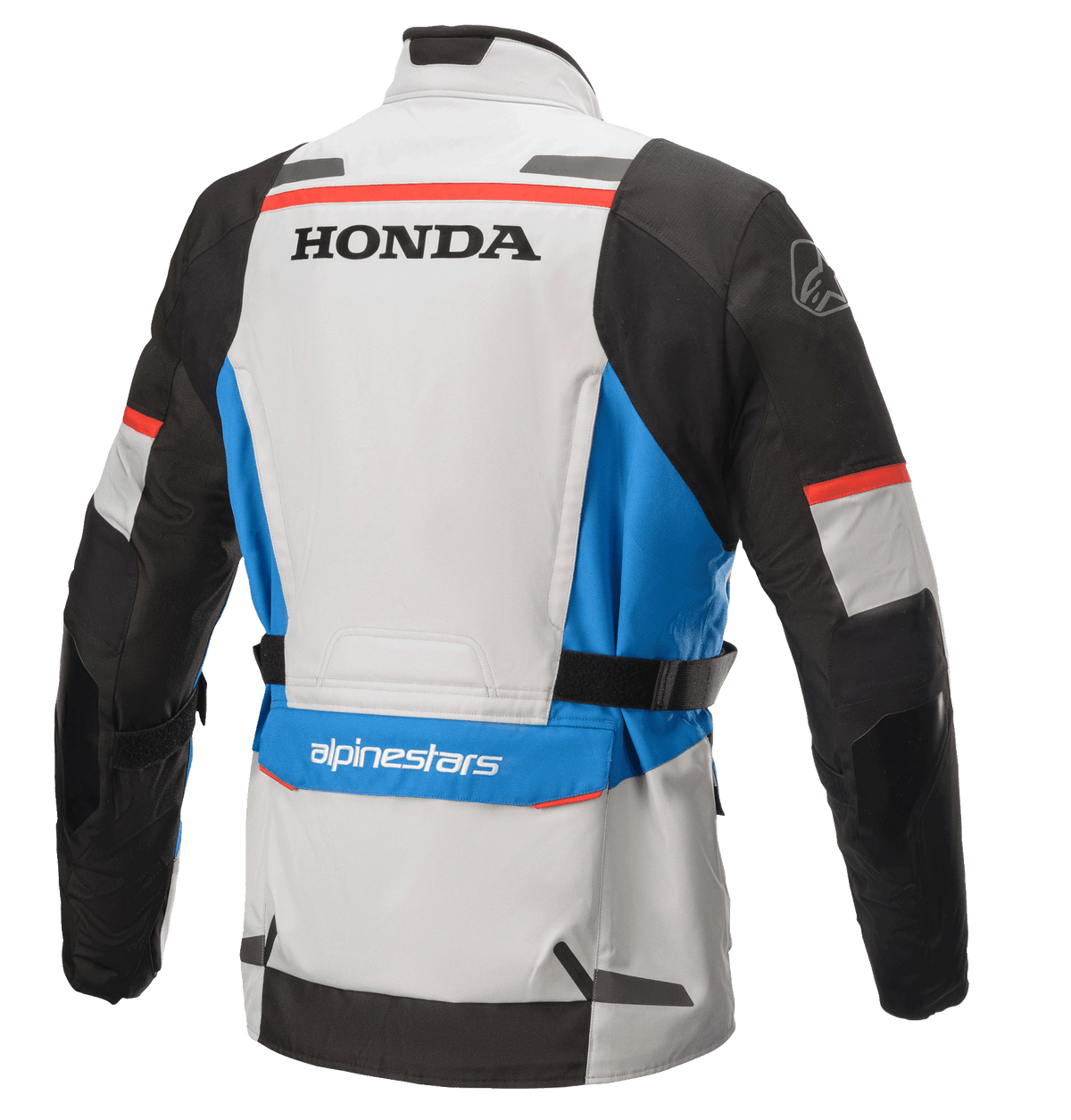 Alpinestars Honda Andes V3 Drystar® jas, textiele adventure touringjas, Ice Gray Blue Bright Red, achteraanzicht met Honda en Alpinestars logo's, met zwarte mouwen, blauwe accenten en verstelbare tailleriemen