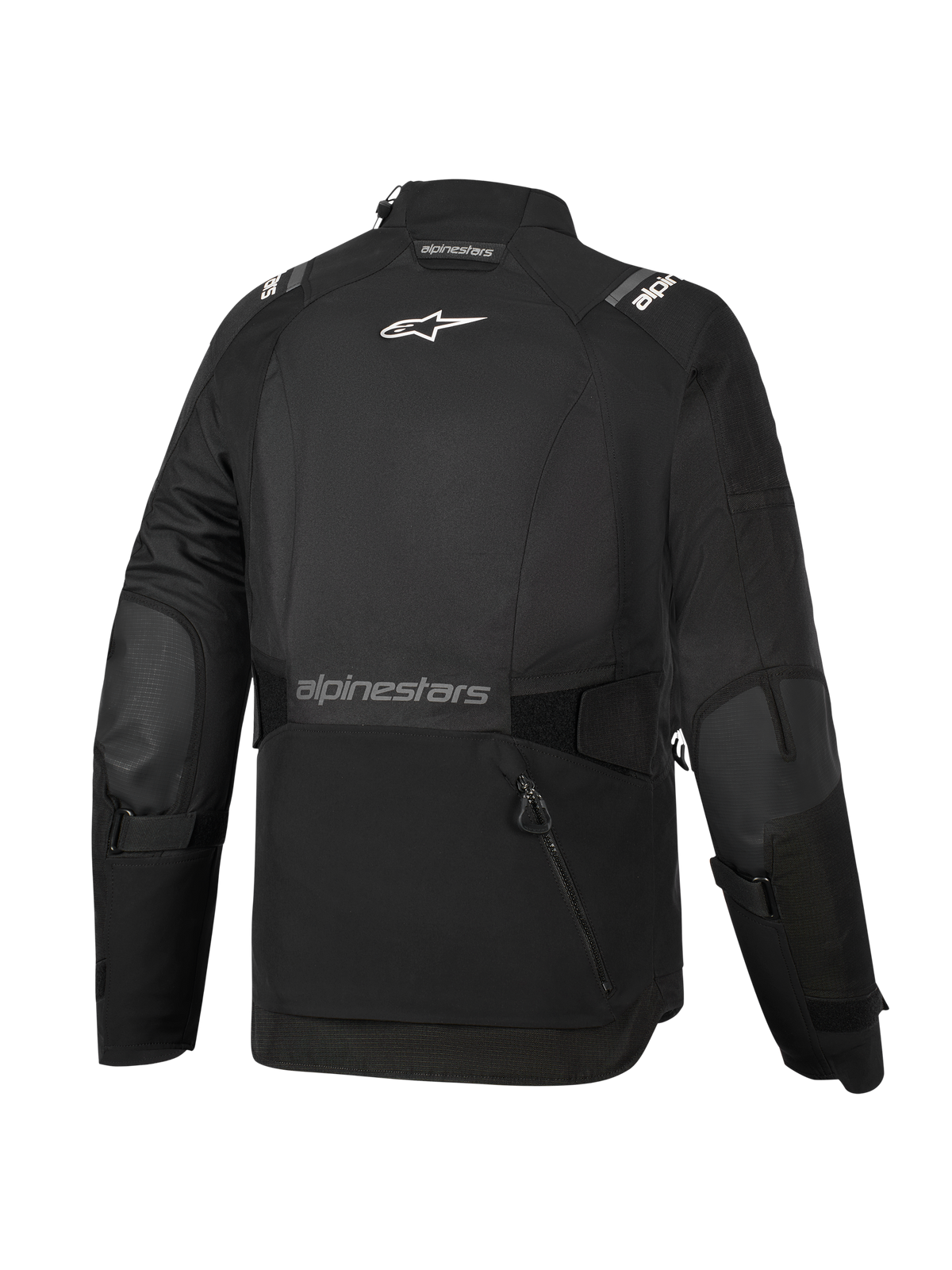 Alpinestars Woman Stella Andes V4 Drystar® Jacket, zwart, achteraanzicht, voorzien van een groot opbergvak aan de achterzijde, wit Alpinestars-logo op de bovenrug en tekstlogo op de onderrug, verstelbare taille- en armriemen, duurzame textiele adventure touring jas