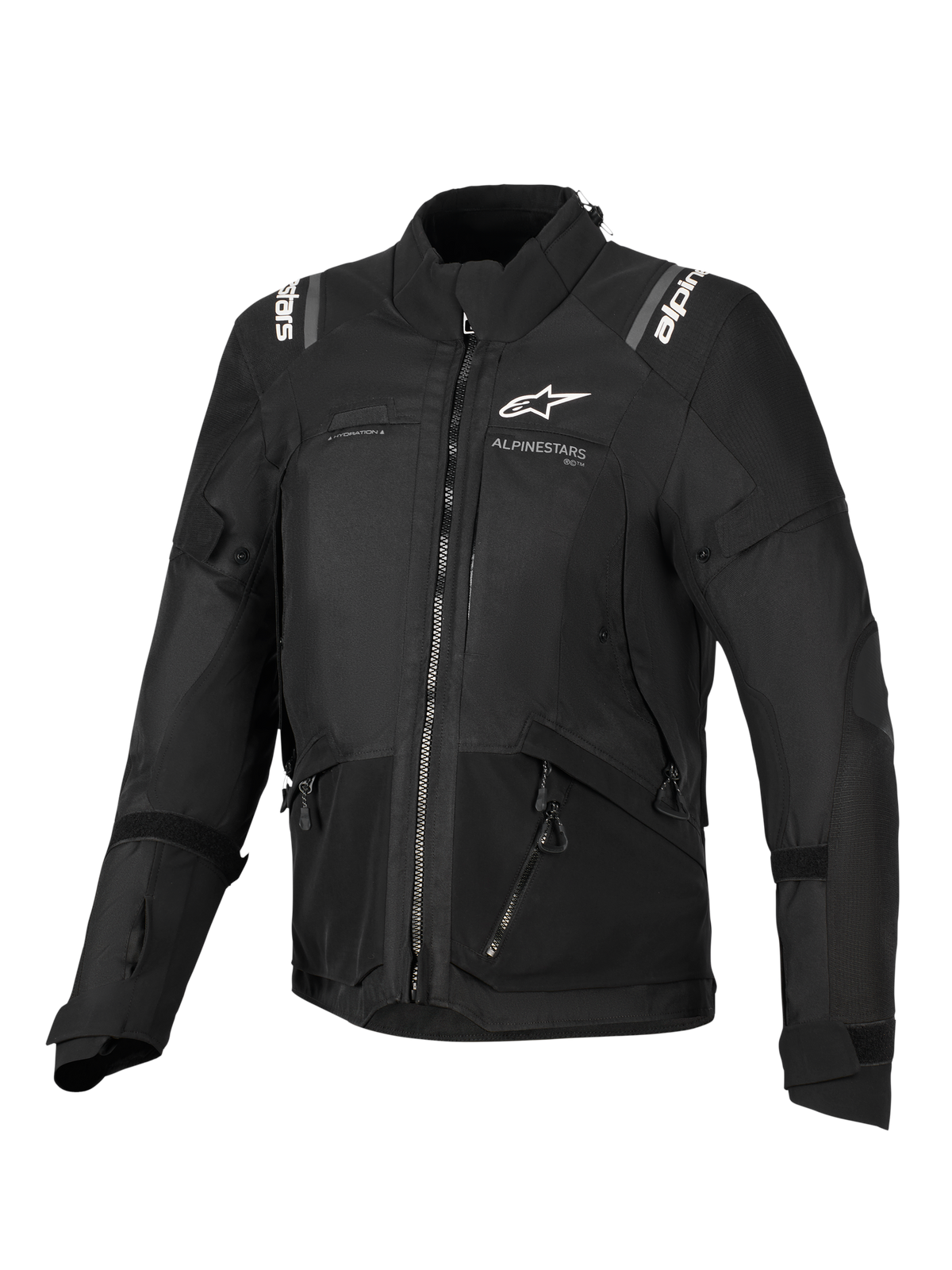 Alpinestars Stella Andes V4 Drystar® Jacket, motorjas voor dames, zwart, vooraanzicht met witte logo's op de borst en schouders, textielontwerp met meerdere panelen, ritsen en reflecterende details, adventure-touring stijl